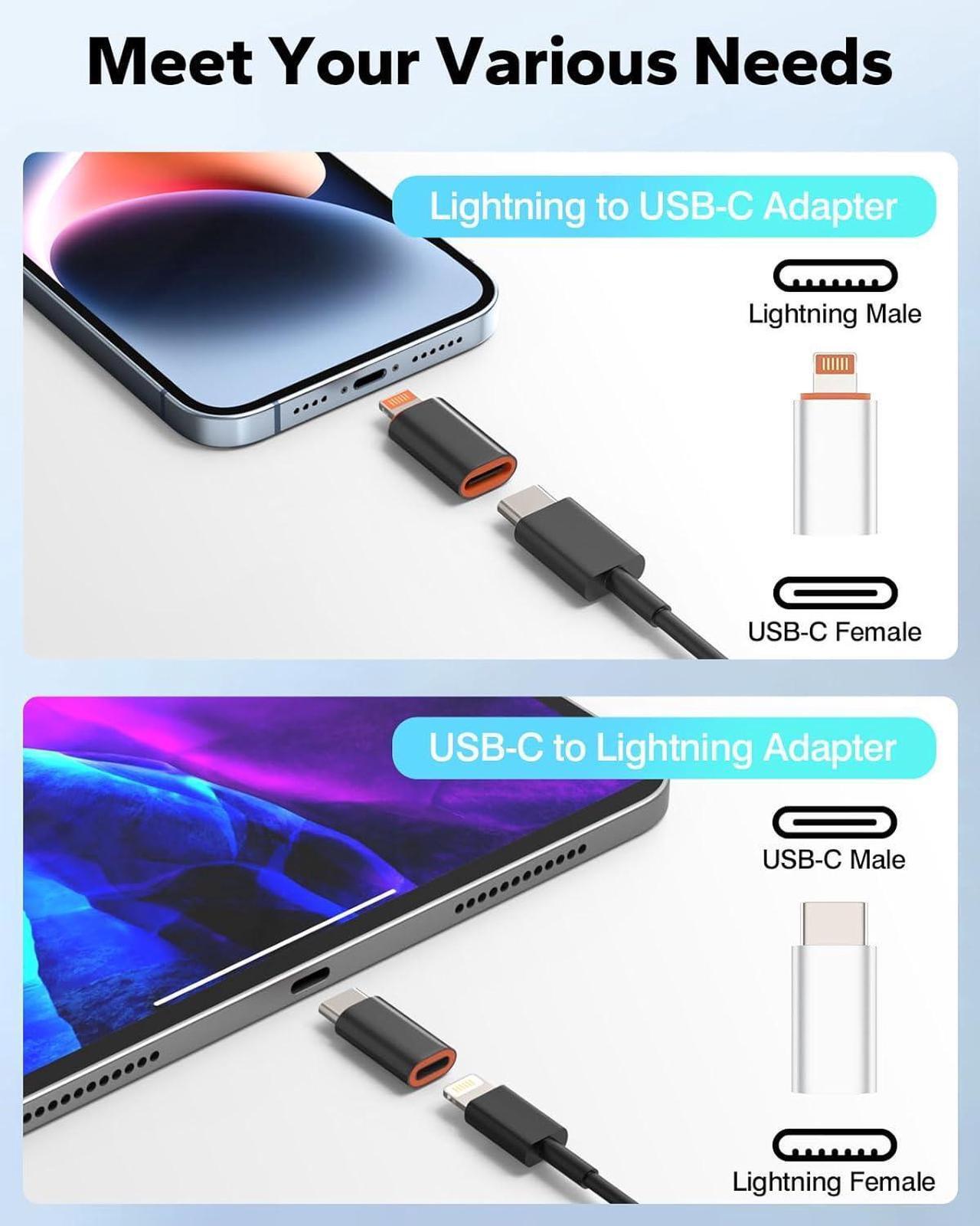 Alt view image 2 of 7 - USB C Female to Lightning Male Adapter & Lightning Female to USB C Male Adapter for iPhone 15/14/13/iPad/AirPods/MacBook/ Support Fast Charge & Data Sync Not for Audio/OTG/Pencil Black