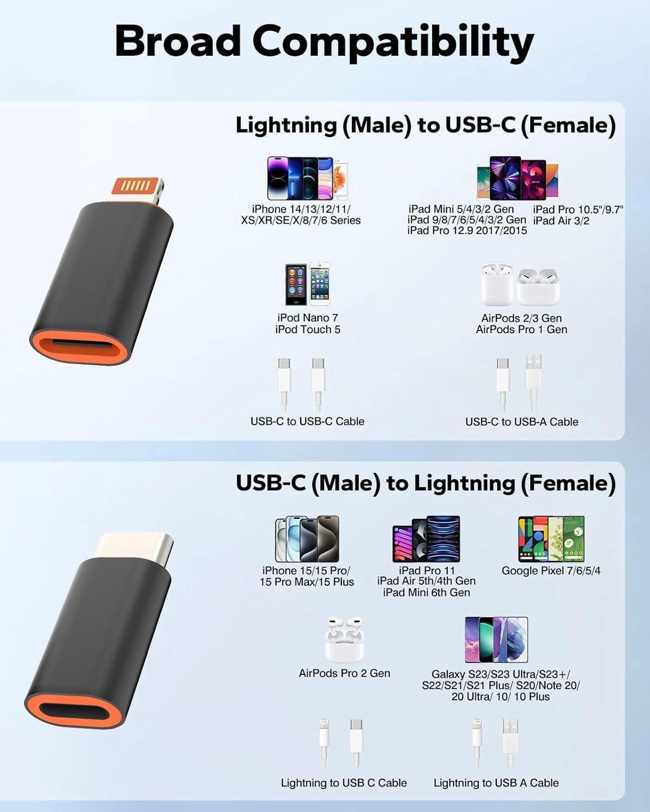 Alt view image 6 of 7 - USB C Female to Lightning Male Adapter & Lightning Female to USB C Male Adapter for iPhone 15/14/13/iPad/AirPods/MacBook/ Support Fast Charge & Data Sync Not for Audio/OTG/Pencil Black