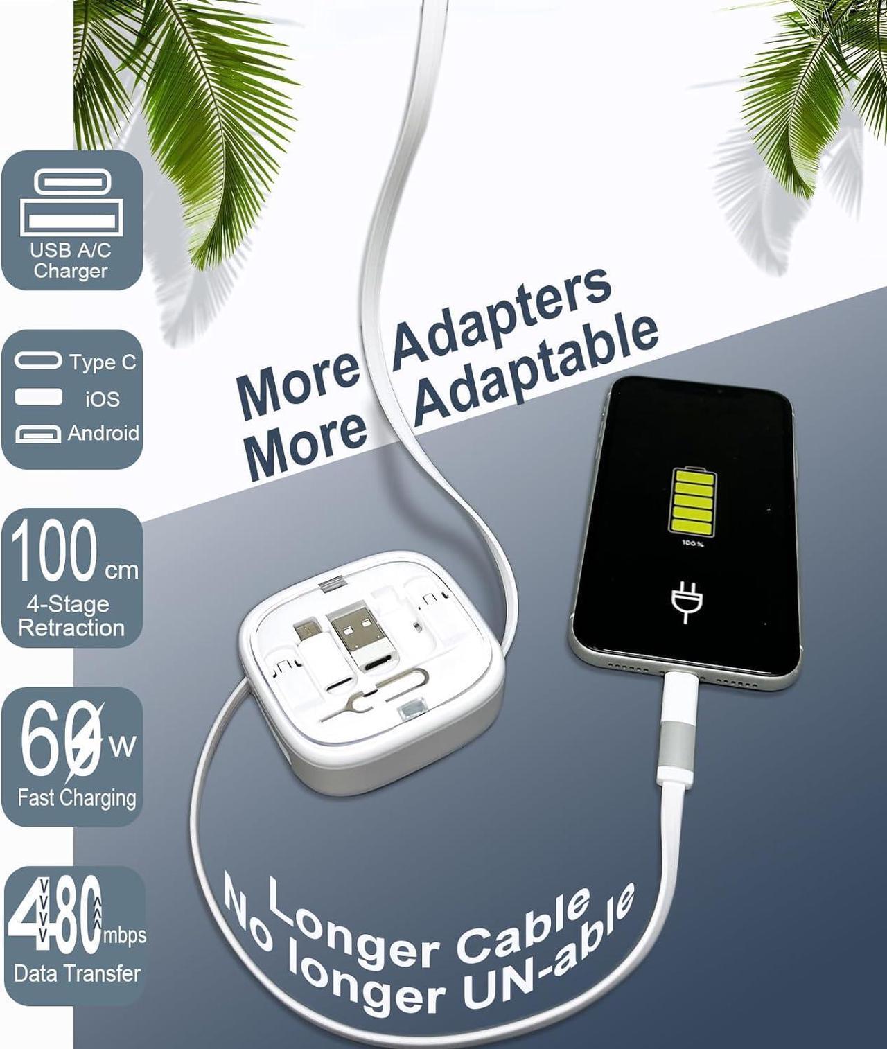 Alt view image 3 of 7 - Multi Charging Cable Storage Box 2Pack 3FT 60W Retractable USB C Cable USB C Adapter Kit for USB A Micro and Lightning Ports. Perfect for Travel Office Home and Car. Black and White