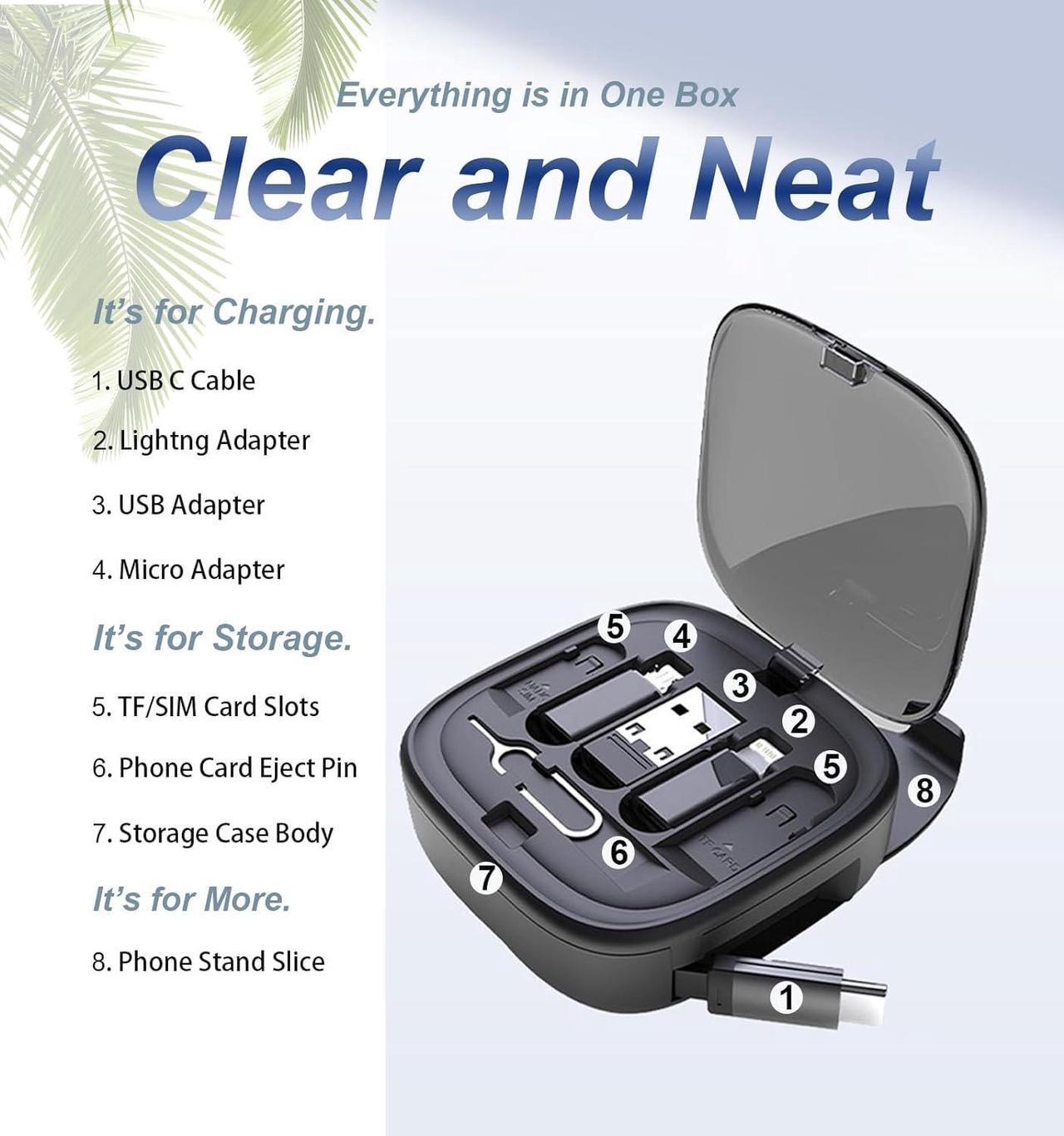 Alt view image 4 of 7 - Multi Charging Cable Storage Box 2Pack 3FT 60W Retractable USB C Cable USB C Adapter Kit for USB A Micro and Lightning Ports. Perfect for Travel Office Home and Car. Black and White