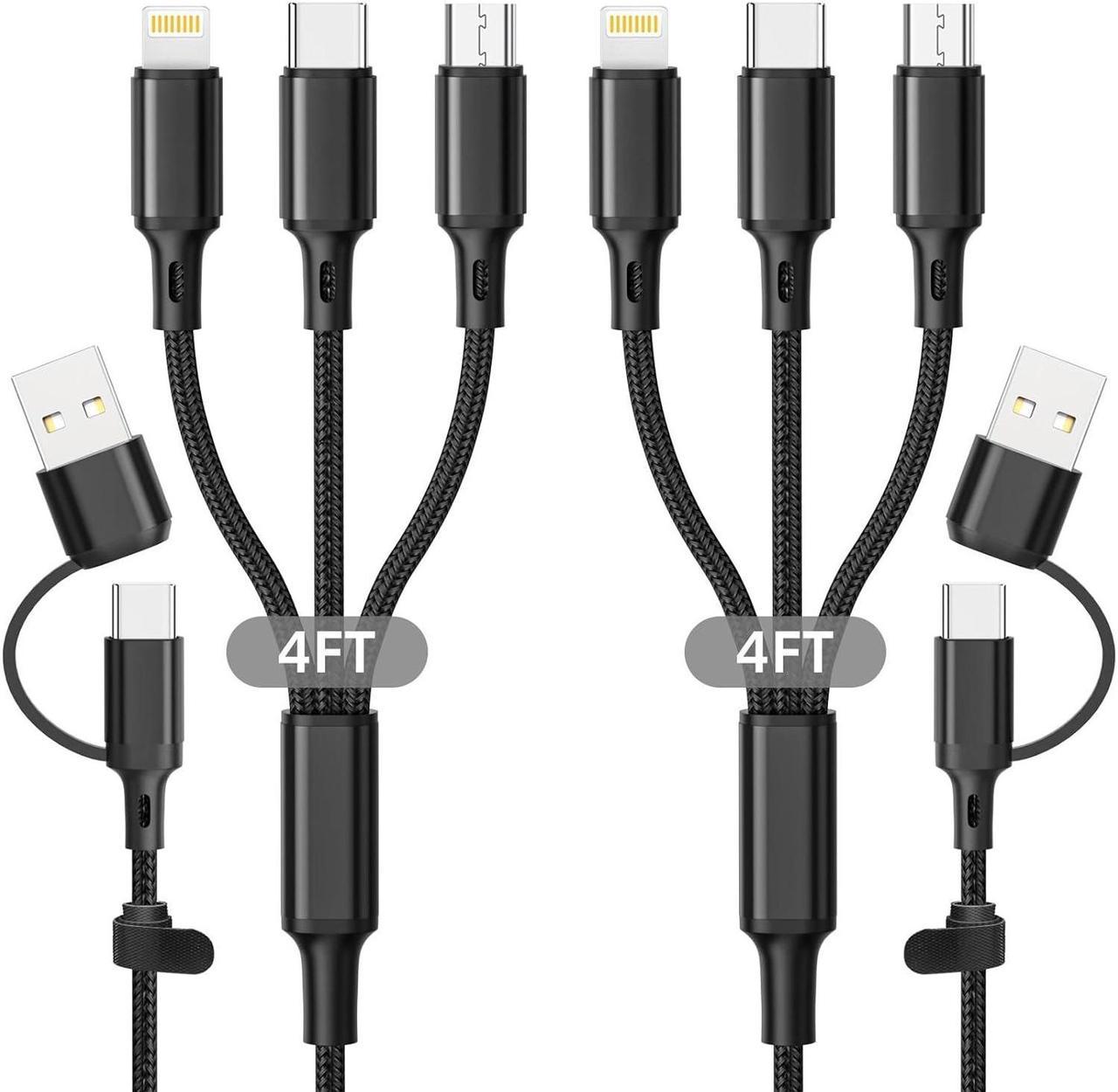 6 in 1 Multi Charging Cable 2Pack 4ft Multi USB Universal Phone Charging Cable, USB A/C to Phone USB C Micro USB Lightning Connector Nylon Braided Charging Cord Compatible with iPhone/Samsung-Black