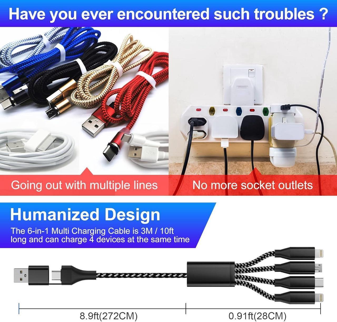 Alt view image 7 of 7 - 4-in-2 USB C to Multi Fast Charging Cable 3M/10Ft [ MFi Certified] USB A/USB C to Micro USB + Type C + 2 Lightning Universal Charger Cable for iPhone and Multiple Devices(Type C Not for i pad)