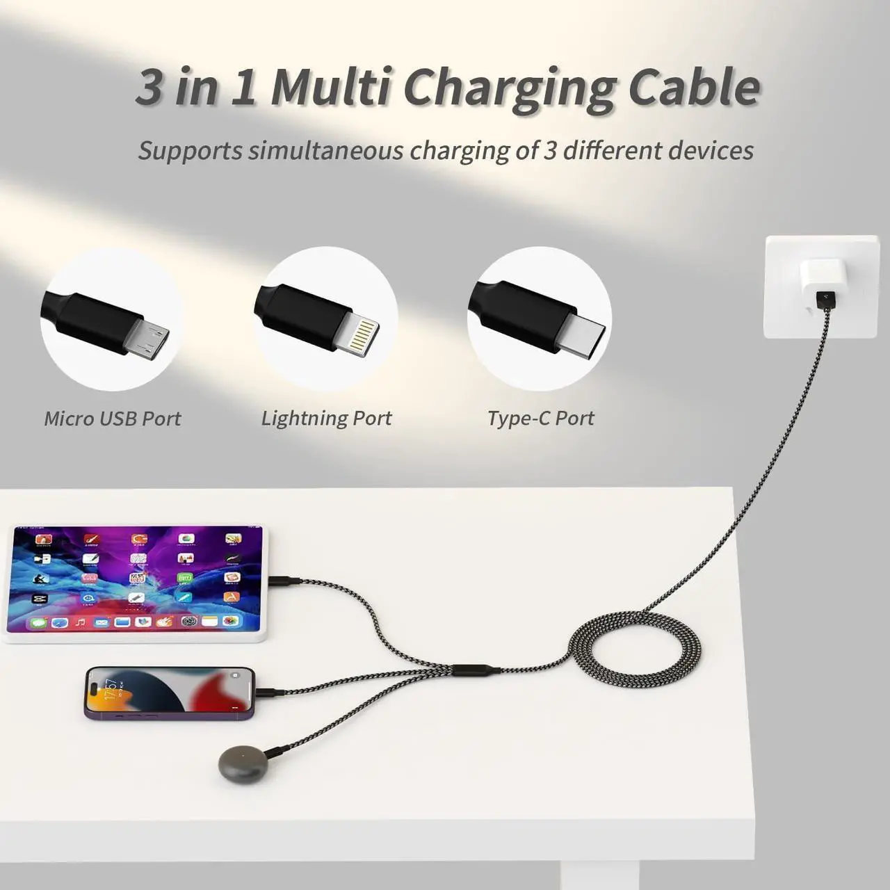 Alt view image 3 of 7 - Multi Charging Cable(2Pack 4FT) 3 in 1 Charger Cable Nylon Braided Multiple USB Cable Universal Charging Cord with Type-C Micro USB and IP Port for Cell Phones and More