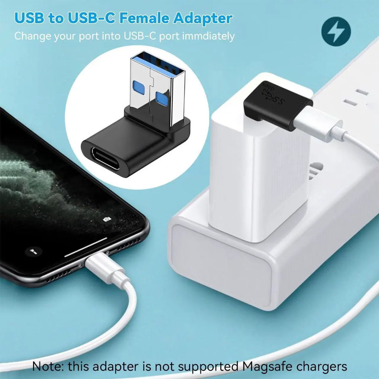 Alt view image 2 of 7 - 90 Degree USB to USB C Adapter (2-Pack) Right Angle USB-C Female to USB Male Converter USB 3.1 C Type Plug Adapter Vertical USB Port Changer Extender Connector (Up+Down Angle)
