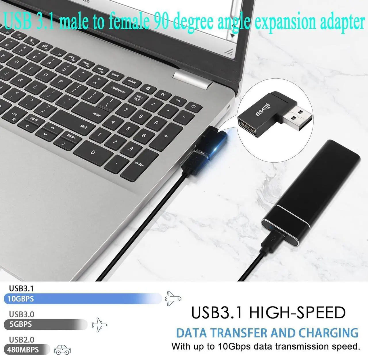 Alt view image 3 of 7 - 90Angle USB 3.1 Adapter 10Gbps USB 3.1 Male to Female Right Angle Connector USB A 3.1 L-Angle Converter Coupler Support Data Transfer OTG 3A Charging 2Pcs(Right Angle Side Bend)