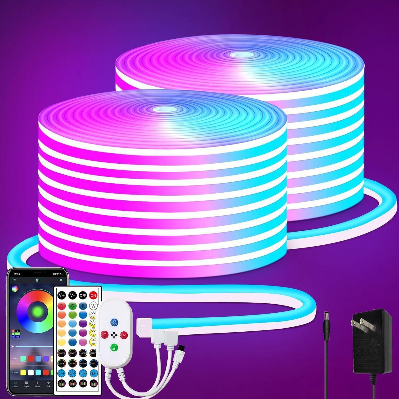 Main image of 100ft RGB LED neon Rope Lights LED neon Lights with Remote/APP Control 24V IP65 Waterproof Flexible Neon LED Strip Lights for Bedroom Room Outdoors Decor2 Rolls of 50ft
