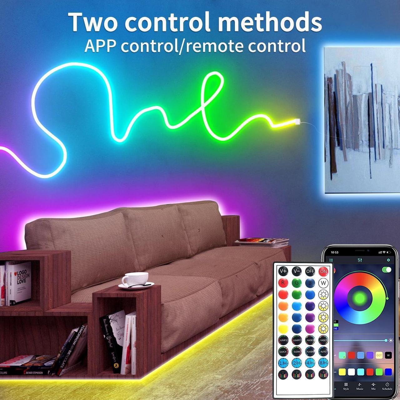 Alt view image 2 of 7 - 100ft RGB LED neon Rope Lights LED neon Lights with Remote/APP Control 24V IP65 Waterproof Flexible Neon LED Strip Lights for Bedroom Room Outdoors Decor2 Rolls of 50ft