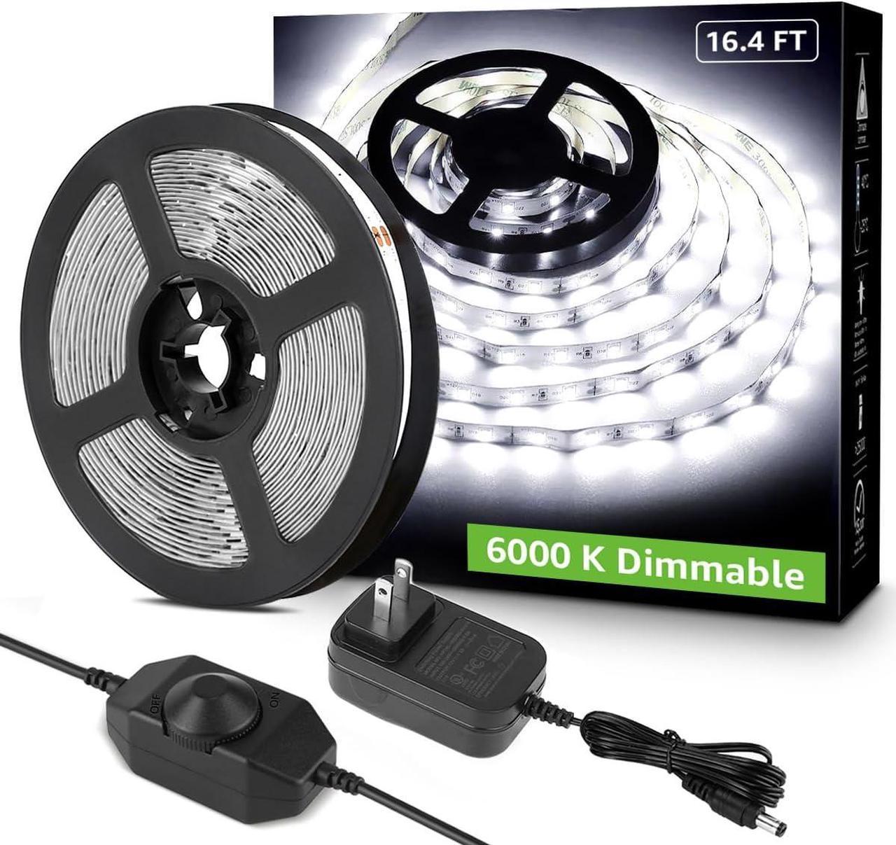 Lepro LED Strip Lights, 16.4ft 12V Dimmable Strip Lights, 6000K Daylight White, 300 Units 2835SMD LEDTape Light for Home, Kitchen, Bedroom, Car and More, Non Waterproof, Power Adapter Included