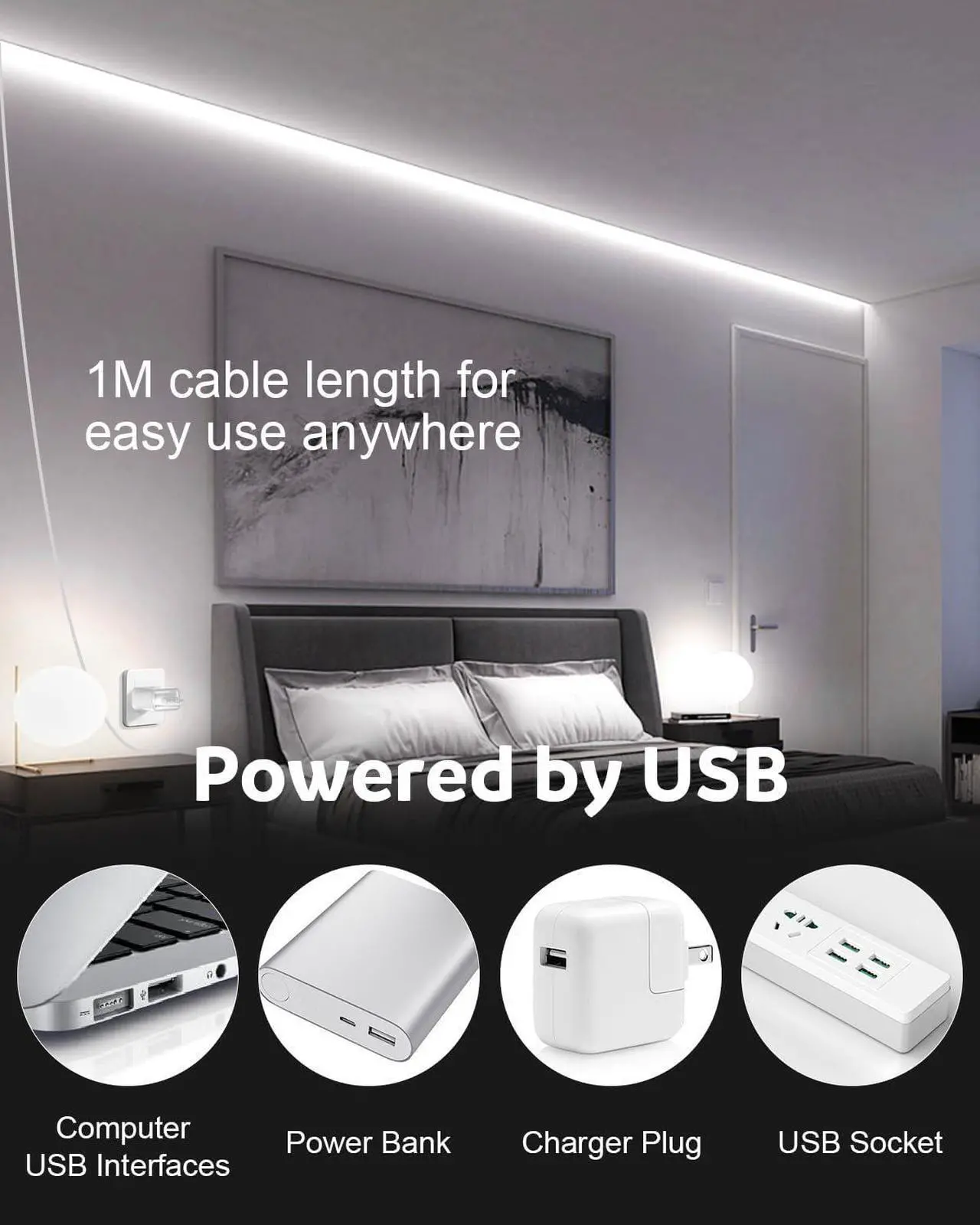 Alt view image 2 of 7 - USB Led Light Strip COB Led Strip Lights 5V Daylight Cold White 6000K 3.28FT 320Leds Flexible TV Led Lights USB Powered 1M for Under Cabinet Kitchen Living Room Shelving or Displays