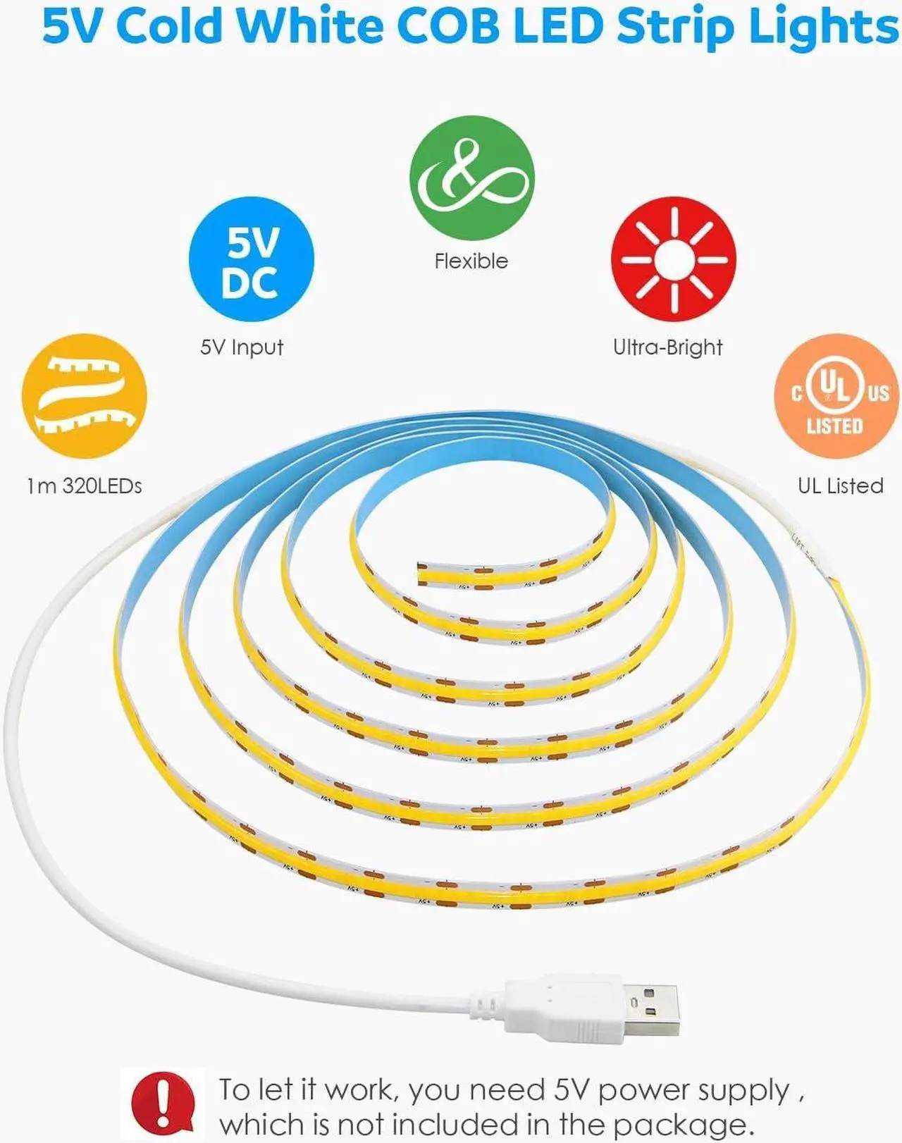 Alt view image 3 of 7 - USB Led Light Strip COB Led Strip Lights 5V Daylight Cold White 6000K 3.28FT 320Leds Flexible TV Led Lights USB Powered 1M for Under Cabinet Kitchen Living Room Shelving or Displays