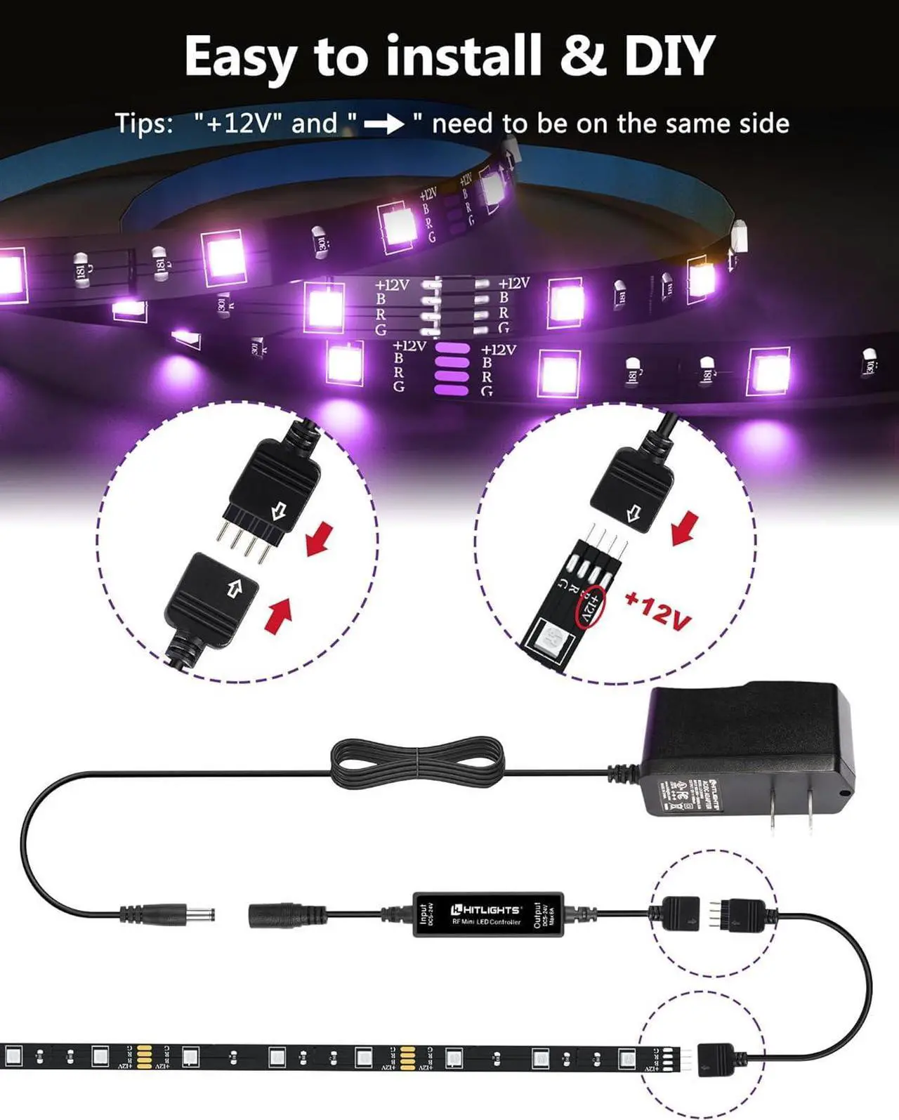 Alt view image 4 of 7 - LED Strip Lights 3 Pre-Cut 12Inch/36Inch LED Light Strip Flexible Color Changing 5050 LED Accent Kit with RF Remote Power Supply and Connectors for TV Home DIY Decoration