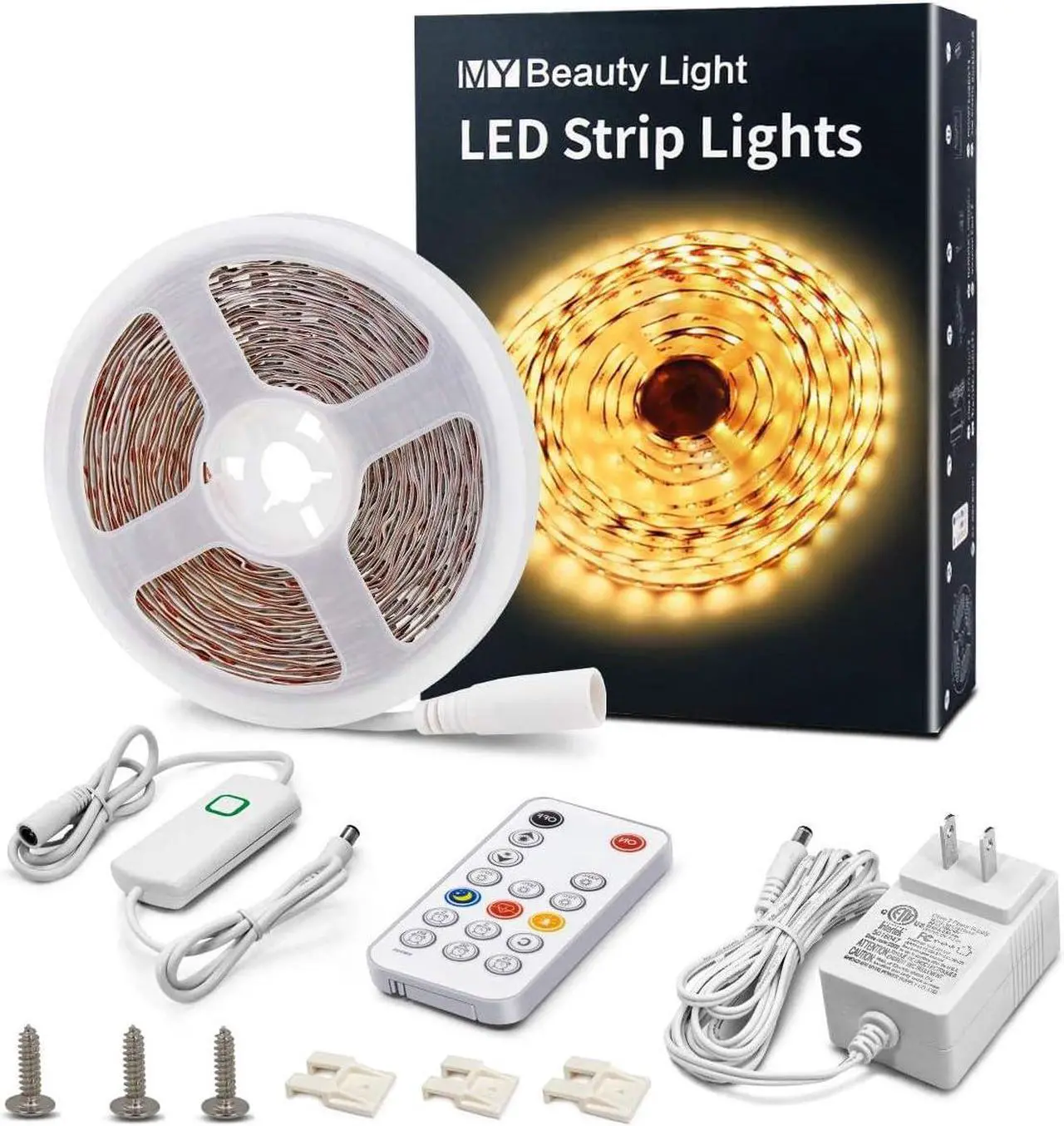 Main image of LED Strip Lights Warm White 16.4ft Dimmable LED Light Strip with RF Remote 300 Bright 3000K 2835 LEDs Plug-in Adhesive Rope Lights with Timing Mode for Living Room Bedroom Kitchen