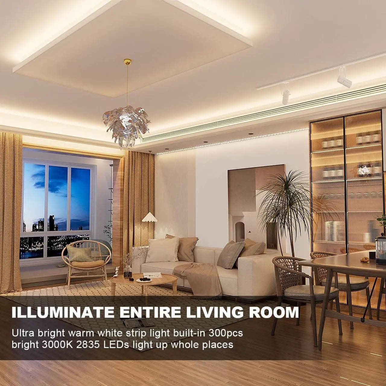 Alt view image 2 of 6 - LED Strip Lights Warm White 16.4ft Dimmable LED Light Strip with RF Remote 300 Bright 3000K 2835 LEDs Plug-in Adhesive Rope Lights with Timing Mode for Living Room Bedroom Kitchen