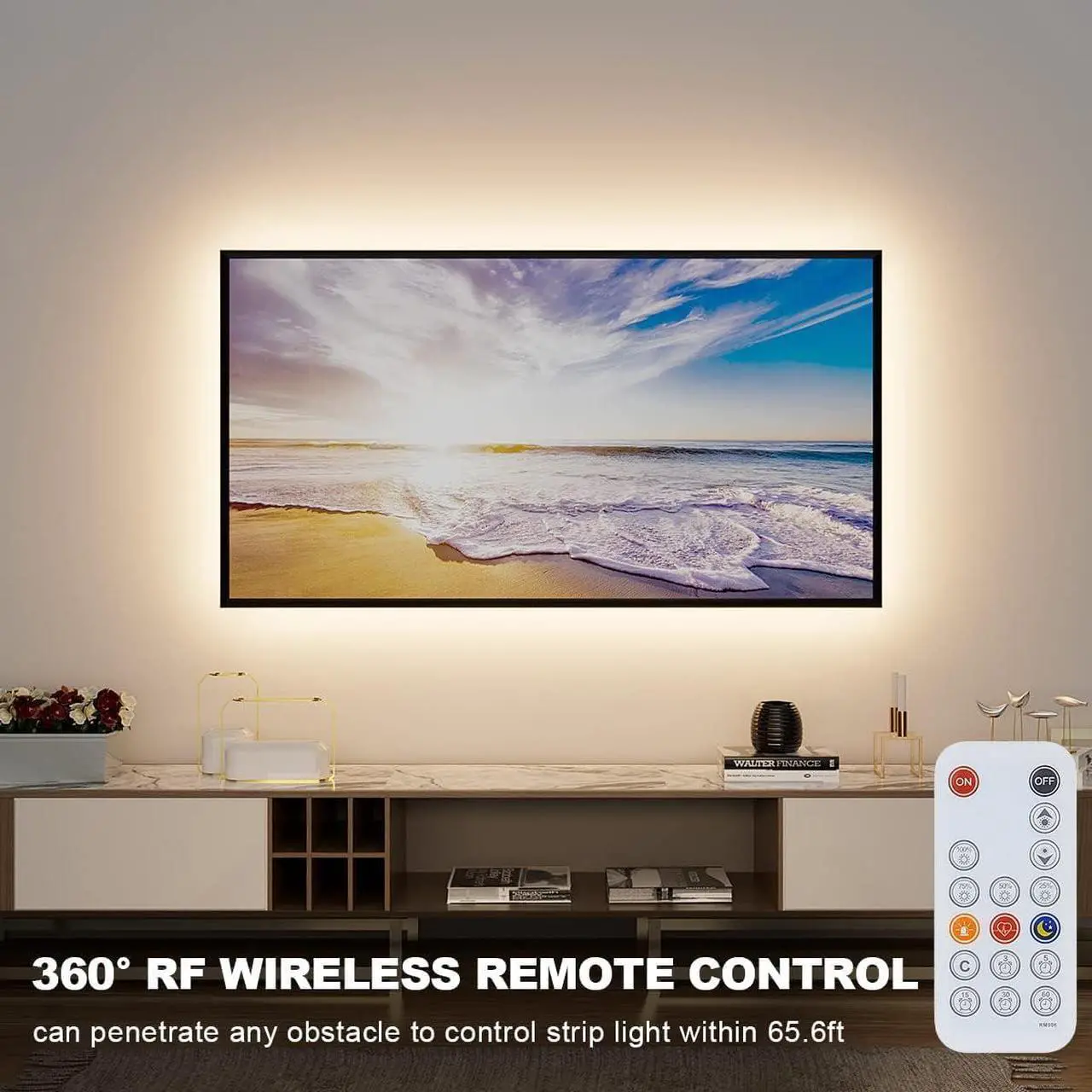 Alt view image 3 of 6 - LED Strip Lights Warm White 16.4ft Dimmable LED Light Strip with RF Remote 300 Bright 3000K 2835 LEDs Plug-in Adhesive Rope Lights with Timing Mode for Living Room Bedroom Kitchen