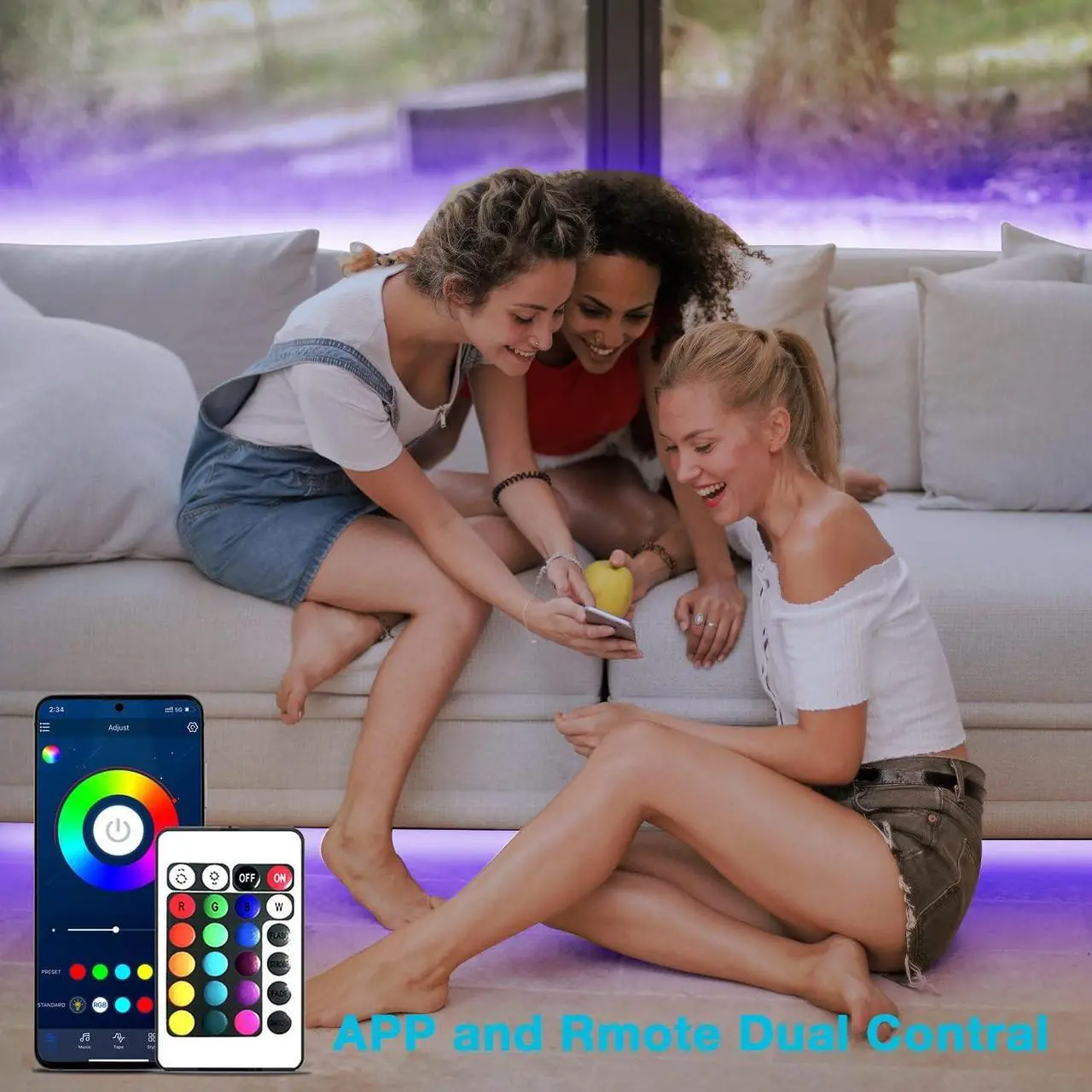 Alt view image 2 of 7 - 100ft LED Strip Lights (2 Rolls x 50ft) Bluetooth+IR RGB Color Changing LED Lighting Smart APP Music Sync for Bedroom Room Party Festival Home Decor