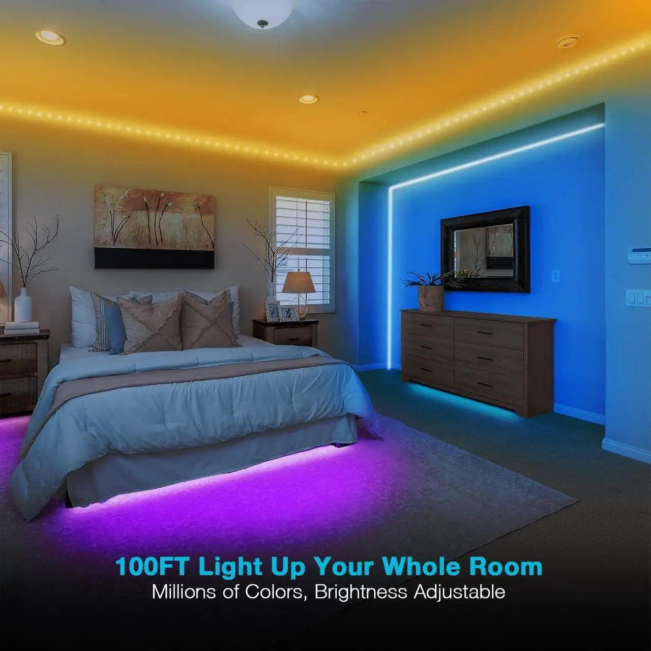 Alt view image 4 of 7 - 100ft LED Strip Lights (2 Rolls x 50ft) Bluetooth+IR RGB Color Changing LED Lighting Smart APP Music Sync for Bedroom Room Party Festival Home Decor