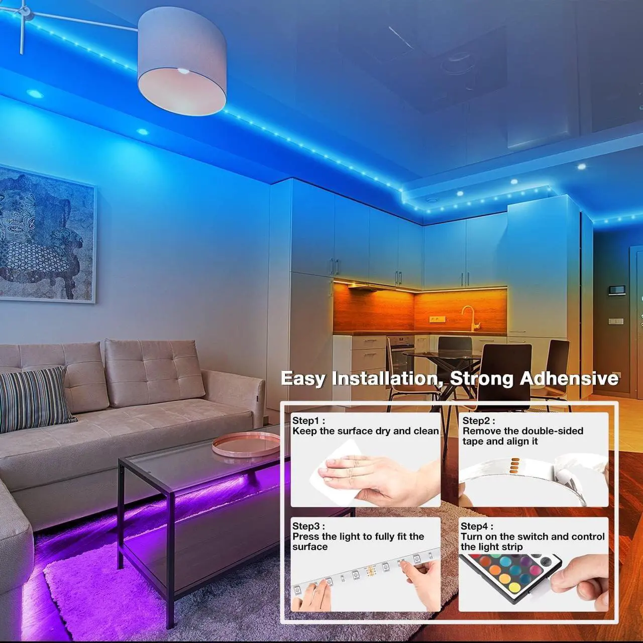 Alt view image 7 of 7 - 100ft LED Strip Lights (2 Rolls x 50ft) Bluetooth+IR RGB Color Changing LED Lighting Smart APP Music Sync for Bedroom Room Party Festival Home Decor