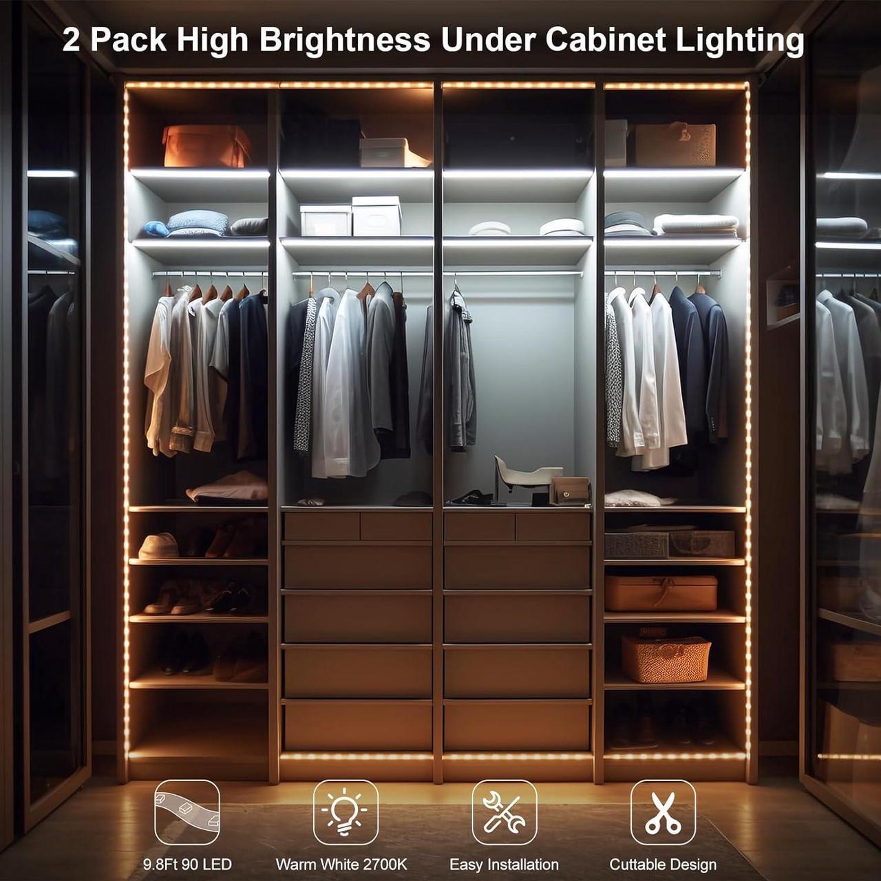 Alt view image 2 of 7 - 2 Pack 9.8ft Battery Powered LED Strip Lights Wireless Battery LED Strip Lights 90 LED Under Cabinet Lighting for Kitchen Closet Shelves (Warm White)