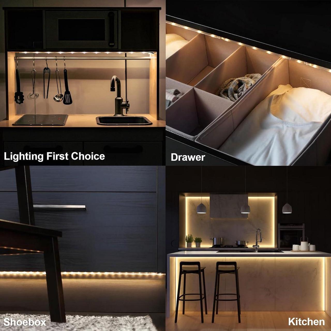 Alt view image 4 of 7 - 2 Pack 9.8ft Battery Powered LED Strip Lights Wireless Battery LED Strip Lights 90 LED Under Cabinet Lighting for Kitchen Closet Shelves (Warm White)
