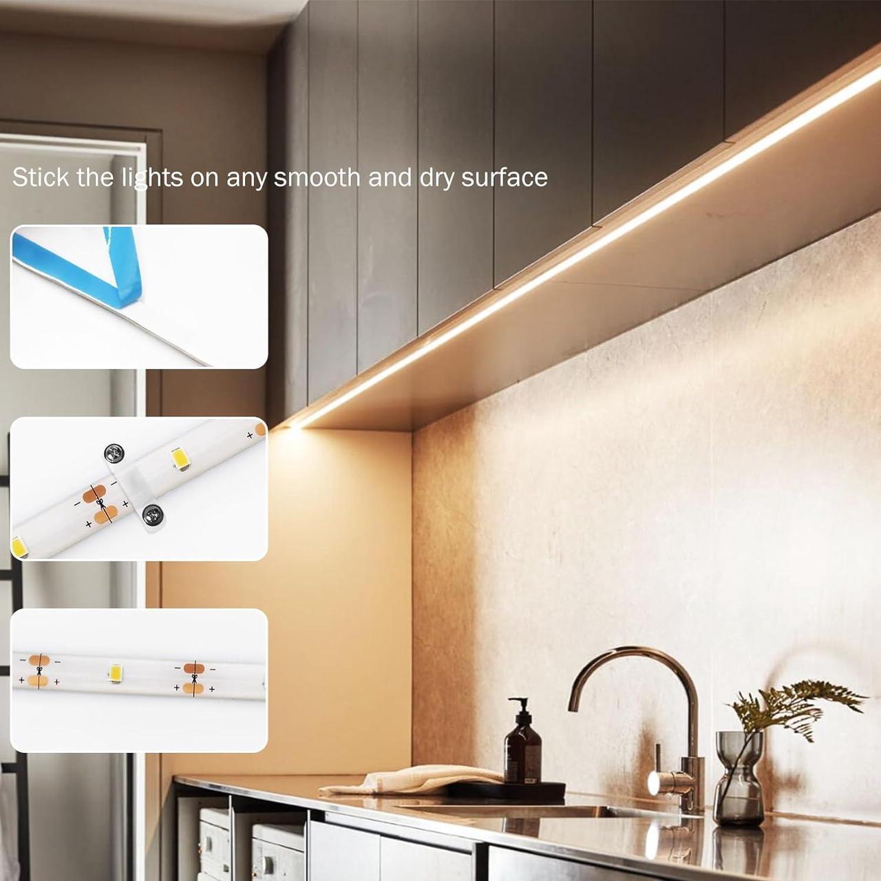Alt view image 6 of 7 - 2 Pack 9.8ft Battery Powered LED Strip Lights Wireless Battery LED Strip Lights 90 LED Under Cabinet Lighting for Kitchen Closet Shelves (Warm White)