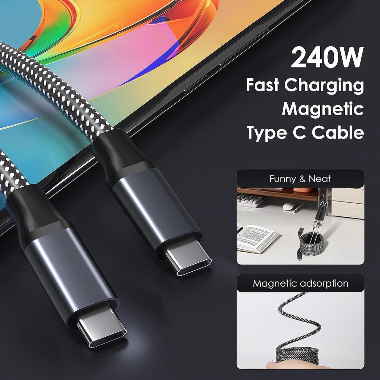 Alt view image 2 of 7 - USB C Cable 5ft Magnetic Coil USB C Cable 240W (5A) Type C Fast Charging Cable Nylon Braid for iPhone 15/15 Pro/15 Pro Max  S22 for iPad MacBook USB C Devices (Black)