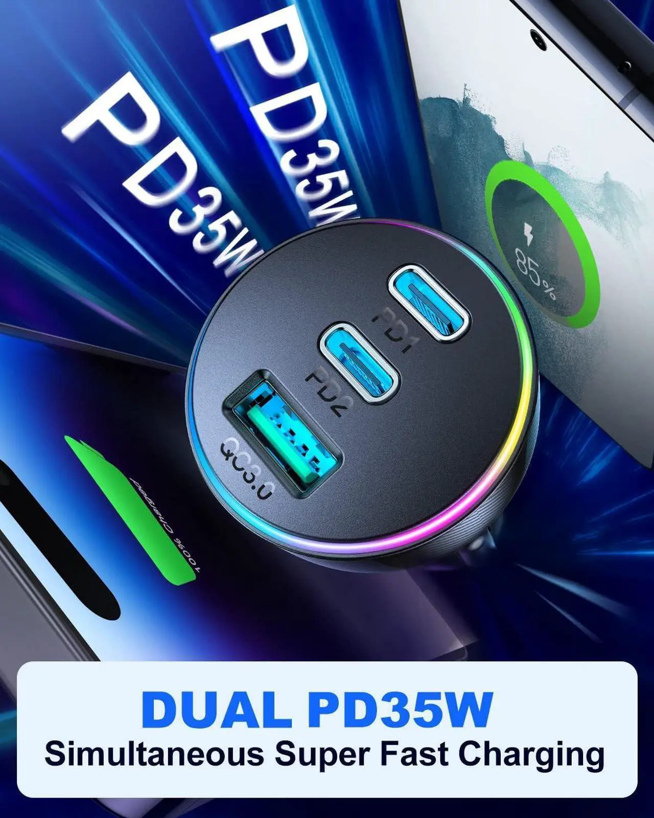 Alt view image 3 of 7 - 70W USB C Car Charger, JOYROOM Dual PD35W & QC3.0 Super Fast Charging, Compatible with iPhone 16 Pro Max/15 Plus/14 Pro Max/iPad Pro, Samsung Galaxy S24 Ultra/S23/S22, Google Pixel