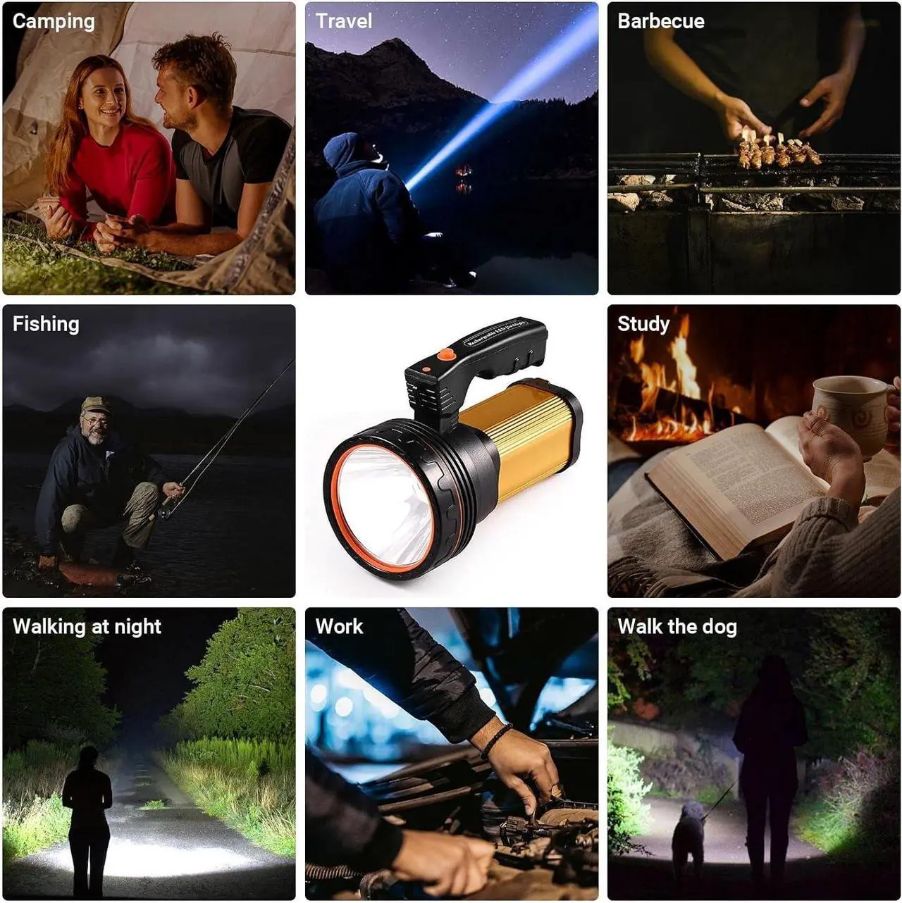 Alt view image 7 of 7 - Flashlights High Lumens Rechargeable, 1000,000LM LED Rechargeable Flashlights, IP68 Waterproof Linterna Recargable, 10000mAh Long Lasting Flashlights for Home, Camping, Boat, Farm Use.(Gold)