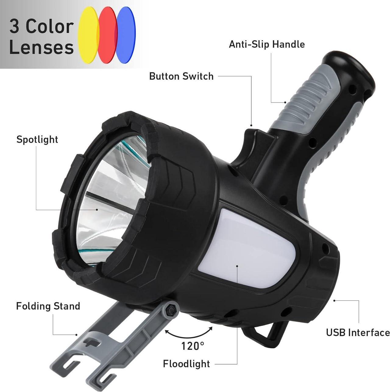 Alt view image 6 of 7 - Rechargeable Spotlight Outdoor 1000 000 Lumens Led Spotlight Flashlight with Cob Light and Foldable Tripod 6 Modes Waterproof Handheld Spot Light for Outdoor Marine Boating Hunting