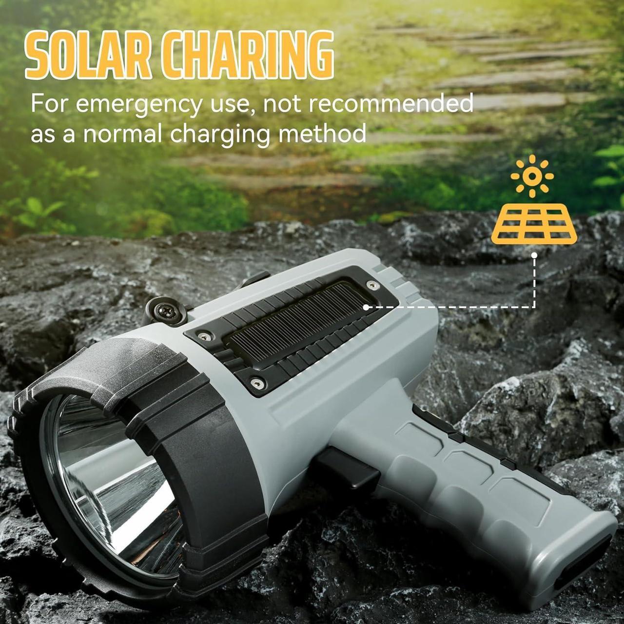 Alt view image 3 of 7 - Rechargeable Spotlight 200 000 Lumens Handheld Spotlight Flashlight LED Hunting Spot Light with Cob Light and Solar Panels Lightweight and Super Bright Spotlight for Hunting Camping