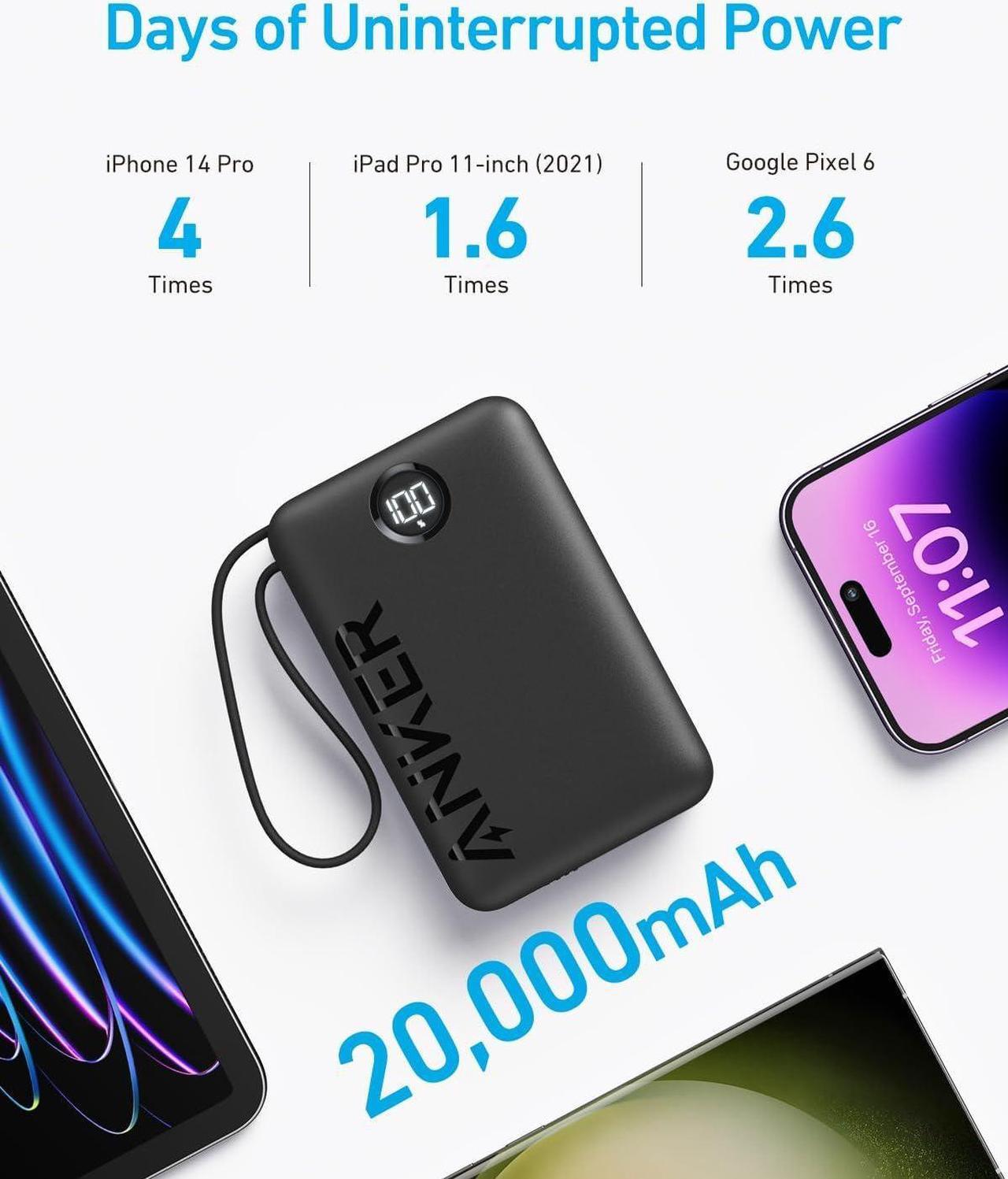 Alt view image 4 of 6 - Power Bank Battery Pack 20 000mAh 22.5W High Speed Charging Portable Charger with Built-in USB C Cable 1 USB-C 1 USB-A for iPhone 15/15 Plus/15 Pro/15 Pro Max MacBook Galaxy