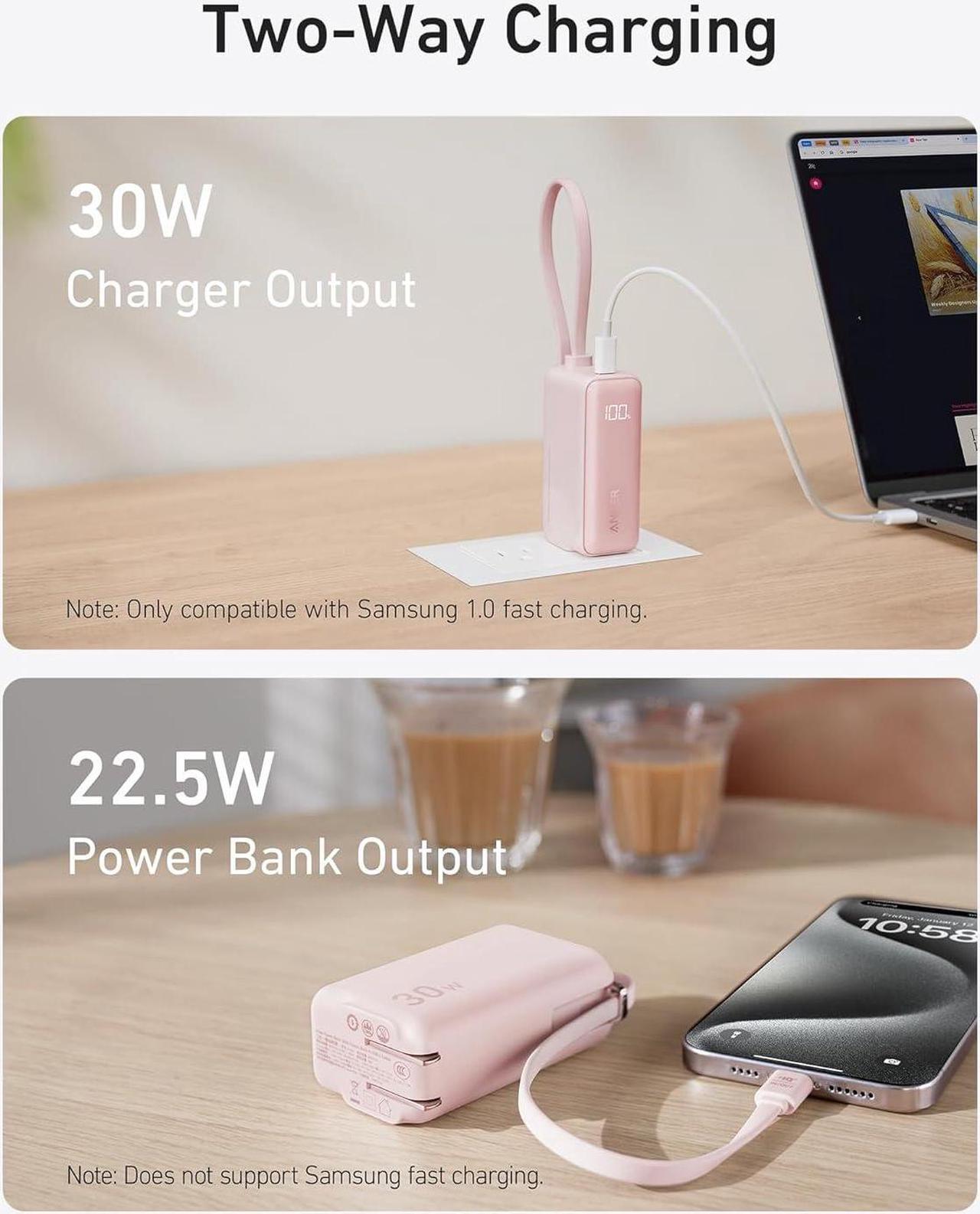 Alt view image 4 of 6 - Power Bank USB C Charger Block 3-in-1 5 000mAh Portable Charger with Built-in USB-C Cable and Foldable AC Plug 30W Max Compact Battery Pack for iPhone 15 Series Galaxy MacBook and More