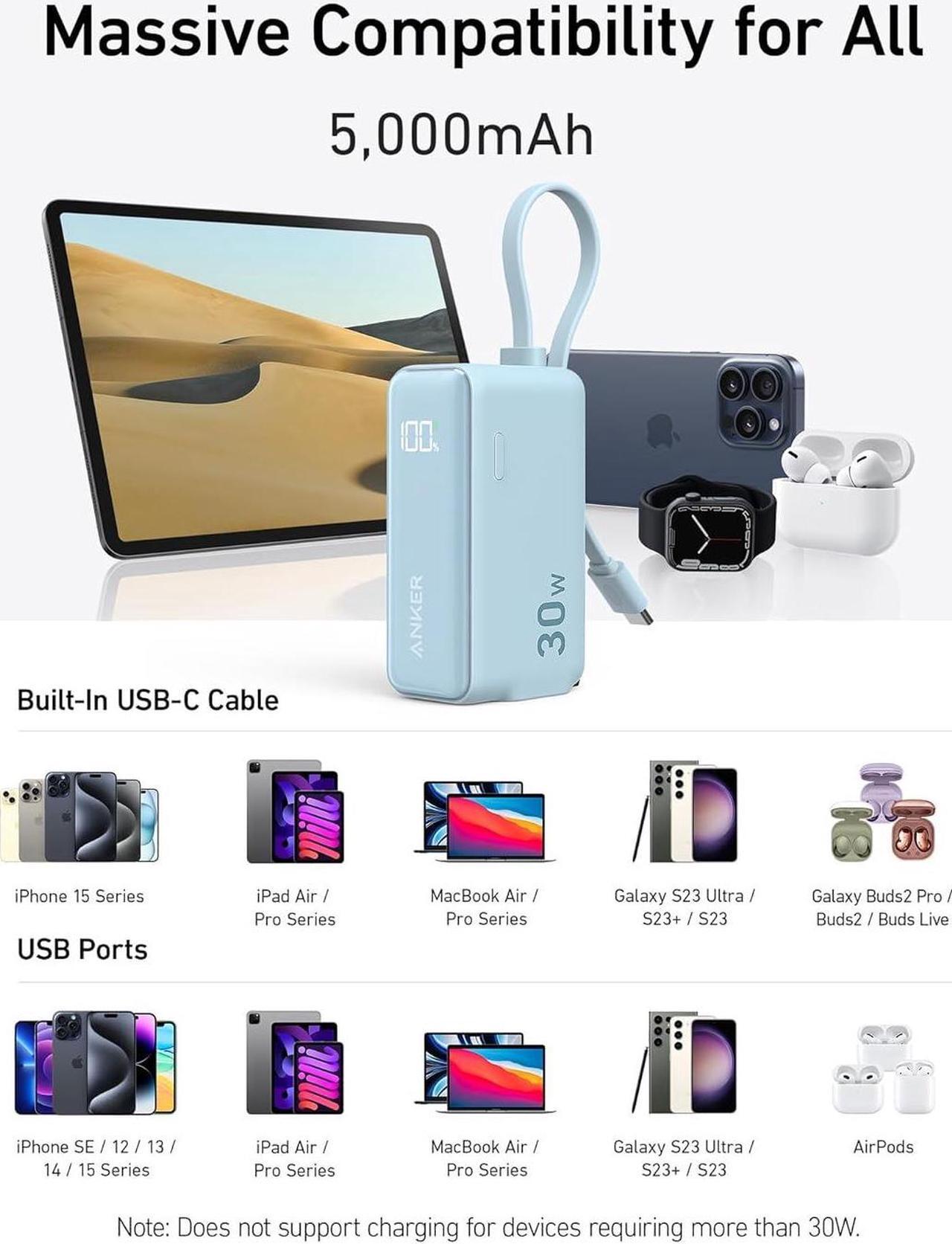 Alt view image 5 of 6 - Power Bank USB C Charger Block 3-in-1 5 000mAh Portable Charger with Built-in USB-C Cable and Foldable AC Plug 30W Max Compact Battery Pack for iPhone 15 Series Galaxy MacBook and More