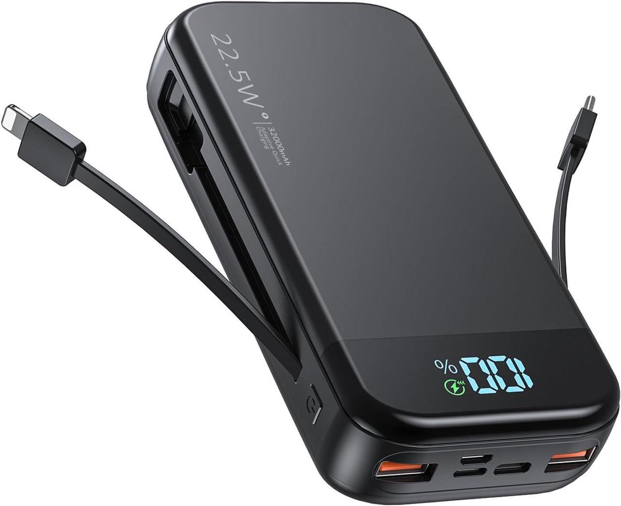 Main image of Portable Charger 32000mAh 22.5W QC 3.0 PD 20W Smart LED Display Fast Charging Built in Cables Power Bank External Battery Pack Charge 5 Devices Compatible with Cellphones (Black)