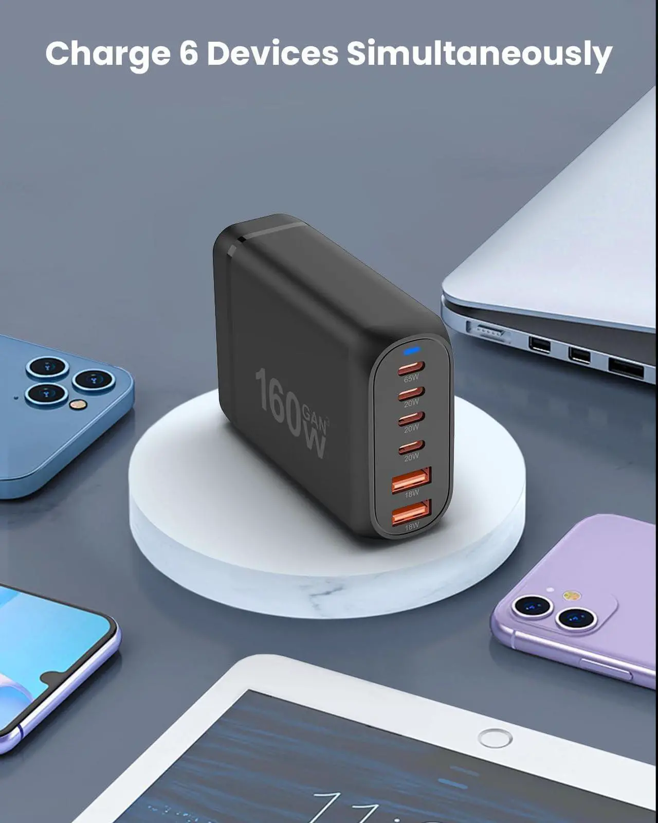 Alt view image 3 of 7 - USB C Charger 160W 6-Port Fast Charging Station with 4 USB-C + 2 USB-A Portable Multiport Charging Wall Block Hub for iPhone 16 15 14 13 12 iPad Pro MacBook  Galaxy Pixel Switch
