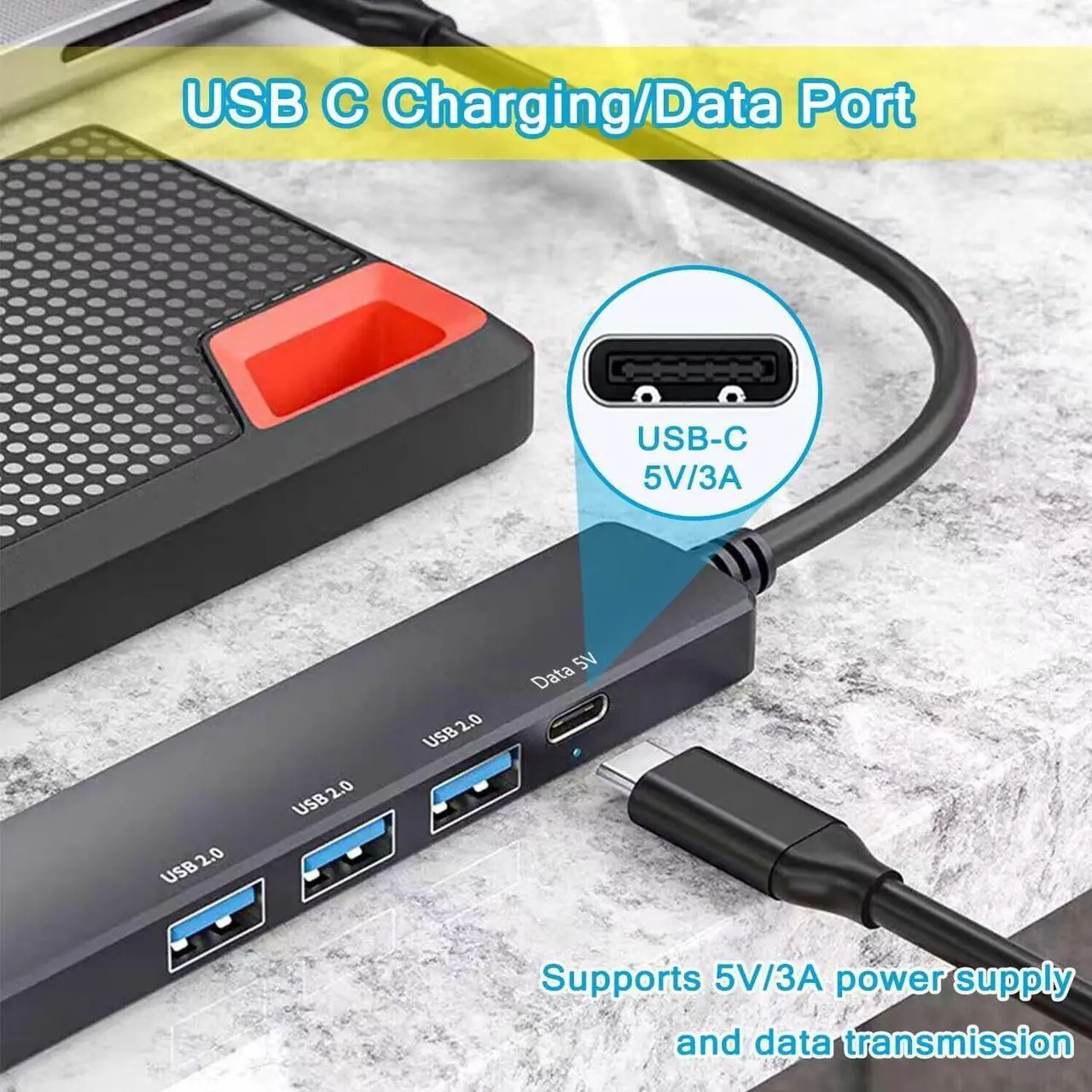Alt view image 3 of 7 - 5-in-1 USB C Hub, USB C to USB 3.0 Hub with USB C Powered/Data Port, USB C Dock USB Extender for Type C Laptop MacBook, iMac, iPad Pro/Air, Dell, HP and More