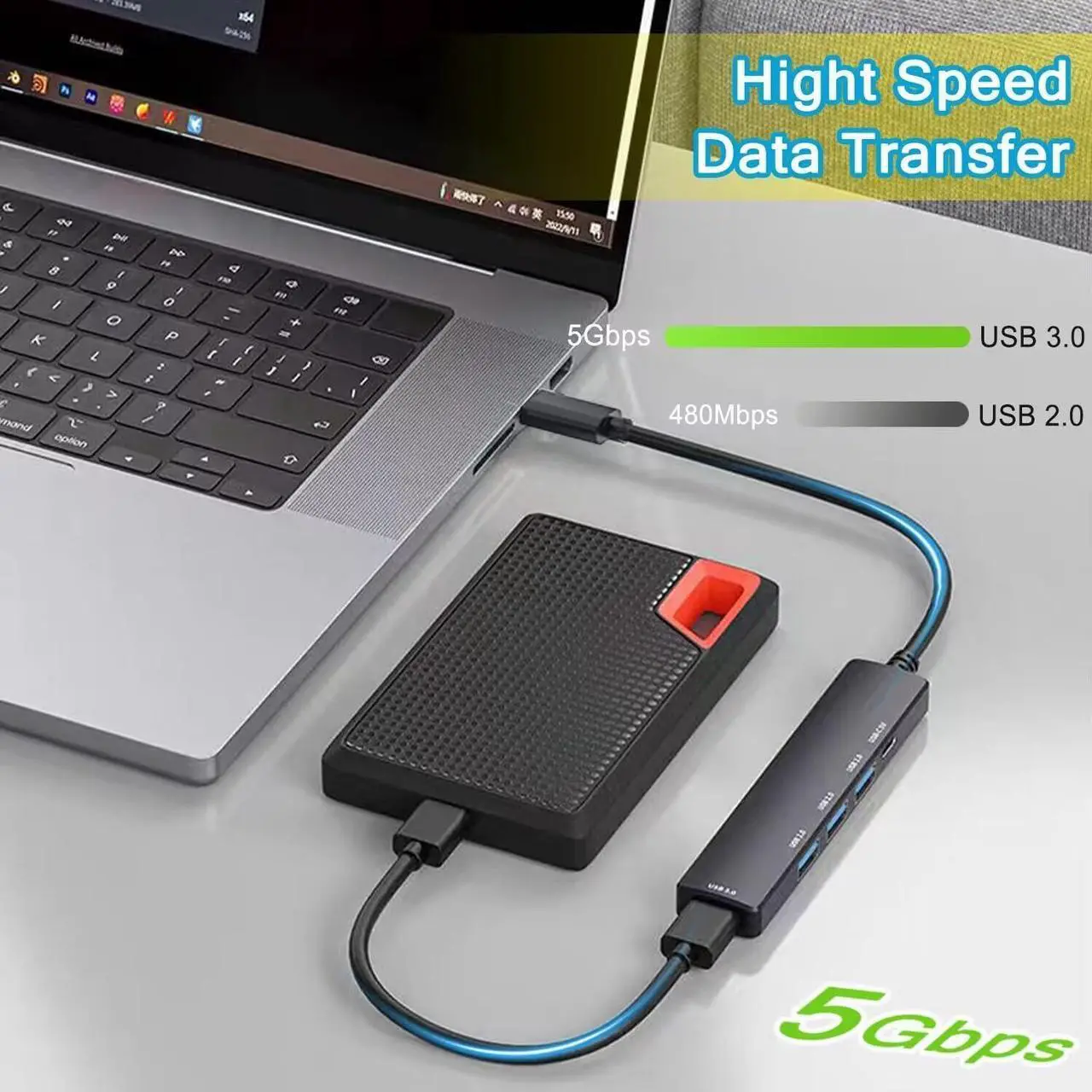 Alt view image 4 of 7 - 5-in-1 USB C Hub, USB C to USB 3.0 Hub with USB C Powered/Data Port, USB C Dock USB Extender for Type C Laptop MacBook, iMac, iPad Pro/Air, Dell, HP and More