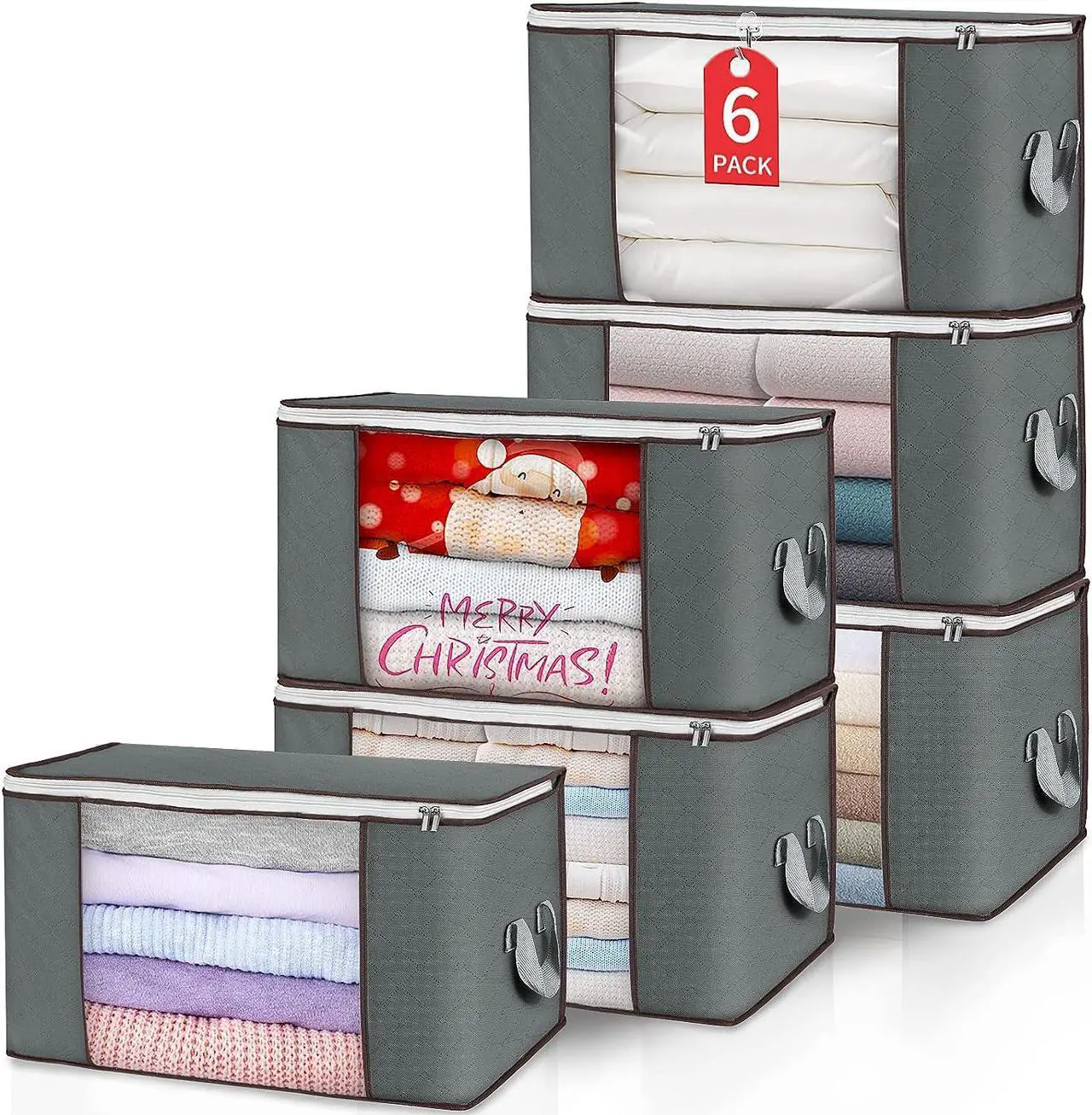 Main image of 90L Large Storage Bags 6 Pack Clothes Storage Bins Foldable Closet Organizers Storage Containers with Reinforced Handle for Clothing Blanket Comforters Bed Sheets Pillows and Toys (Gray)