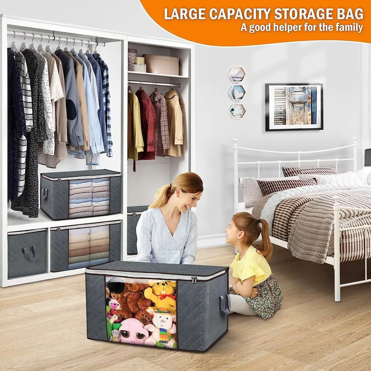 Alt view image 4 of 7 - 90L Large Storage Bags 6 Pack Clothes Storage Bins Foldable Closet Organizers Storage Containers with Reinforced Handle for Clothing Blanket Comforters Bed Sheets Pillows and Toys (Gray)