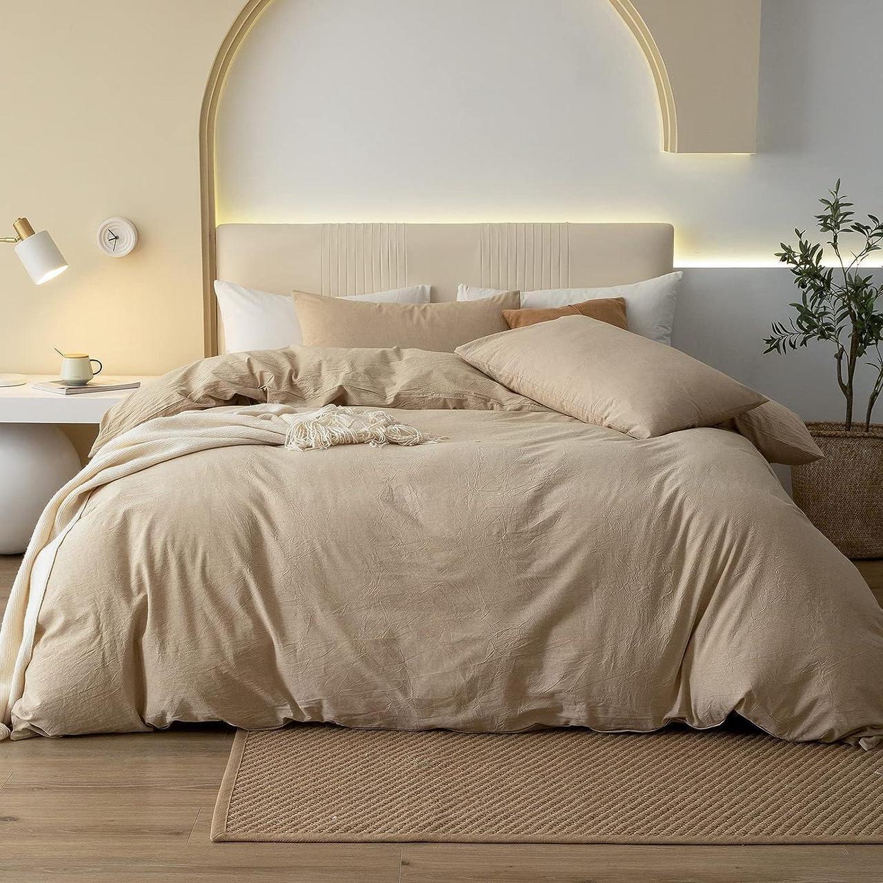 Main image of 100% Washed Cotton Duvet Cover Set Comfy Simple Style Soft Breathable Textured Durable Linen Feel Bedding for All Seasons King Tan