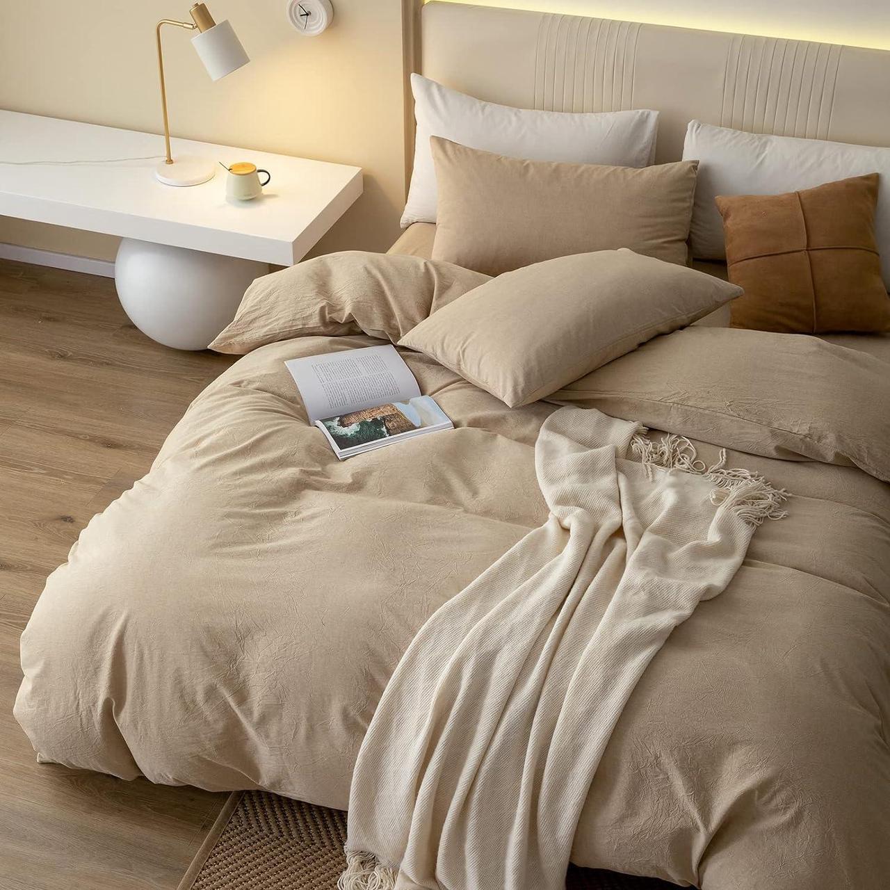 Alt view image 2 of 7 - 100% Washed Cotton Duvet Cover Set Comfy Simple Style Soft Breathable Textured Durable Linen Feel Bedding for All Seasons King Tan