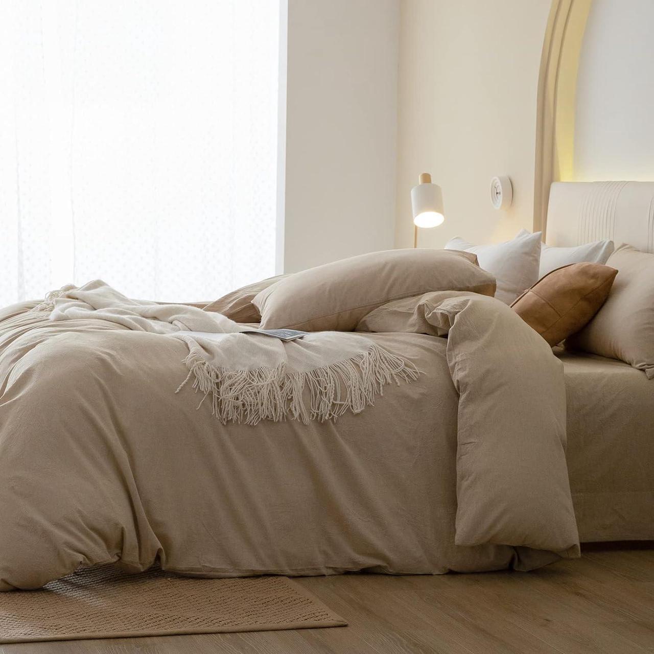 Alt view image 3 of 7 - 100% Washed Cotton Duvet Cover Set Comfy Simple Style Soft Breathable Textured Durable Linen Feel Bedding for All Seasons King Tan