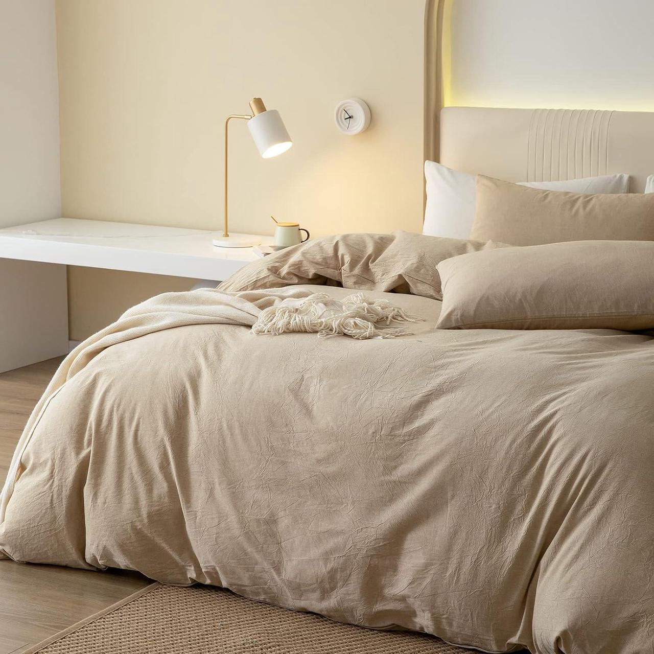 Alt view image 4 of 7 - 100% Washed Cotton Duvet Cover Set Comfy Simple Style Soft Breathable Textured Durable Linen Feel Bedding for All Seasons King Tan