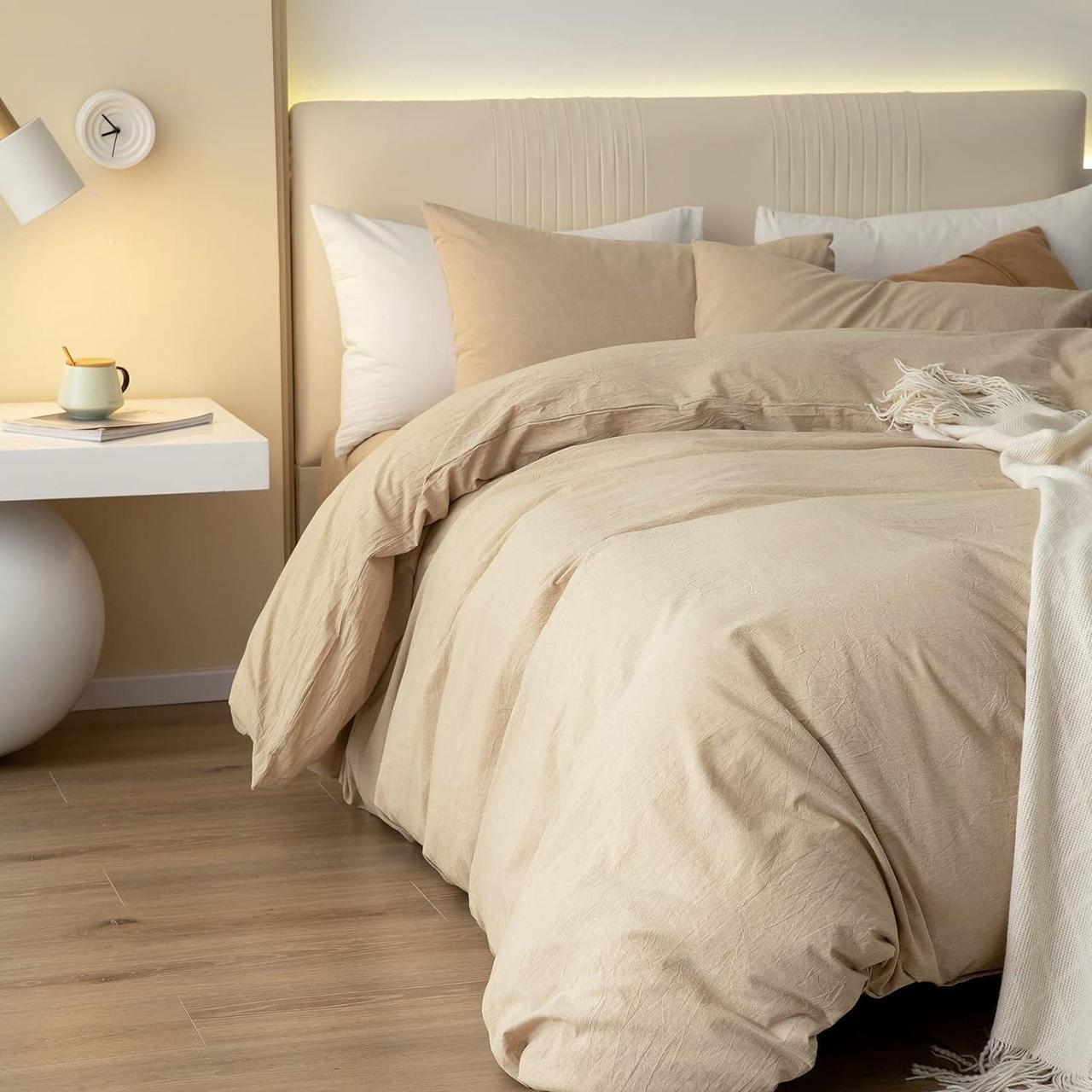 Alt view image 5 of 7 - 100% Washed Cotton Duvet Cover Set Comfy Simple Style Soft Breathable Textured Durable Linen Feel Bedding for All Seasons King Tan