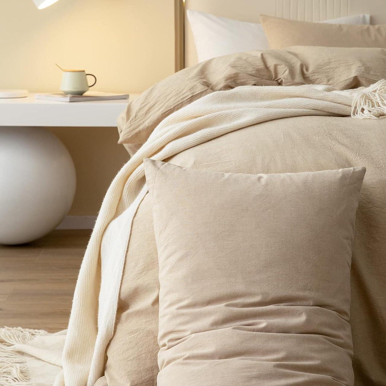 Alt view image 6 of 7 - 100% Washed Cotton Duvet Cover Set Comfy Simple Style Soft Breathable Textured Durable Linen Feel Bedding for All Seasons King Tan