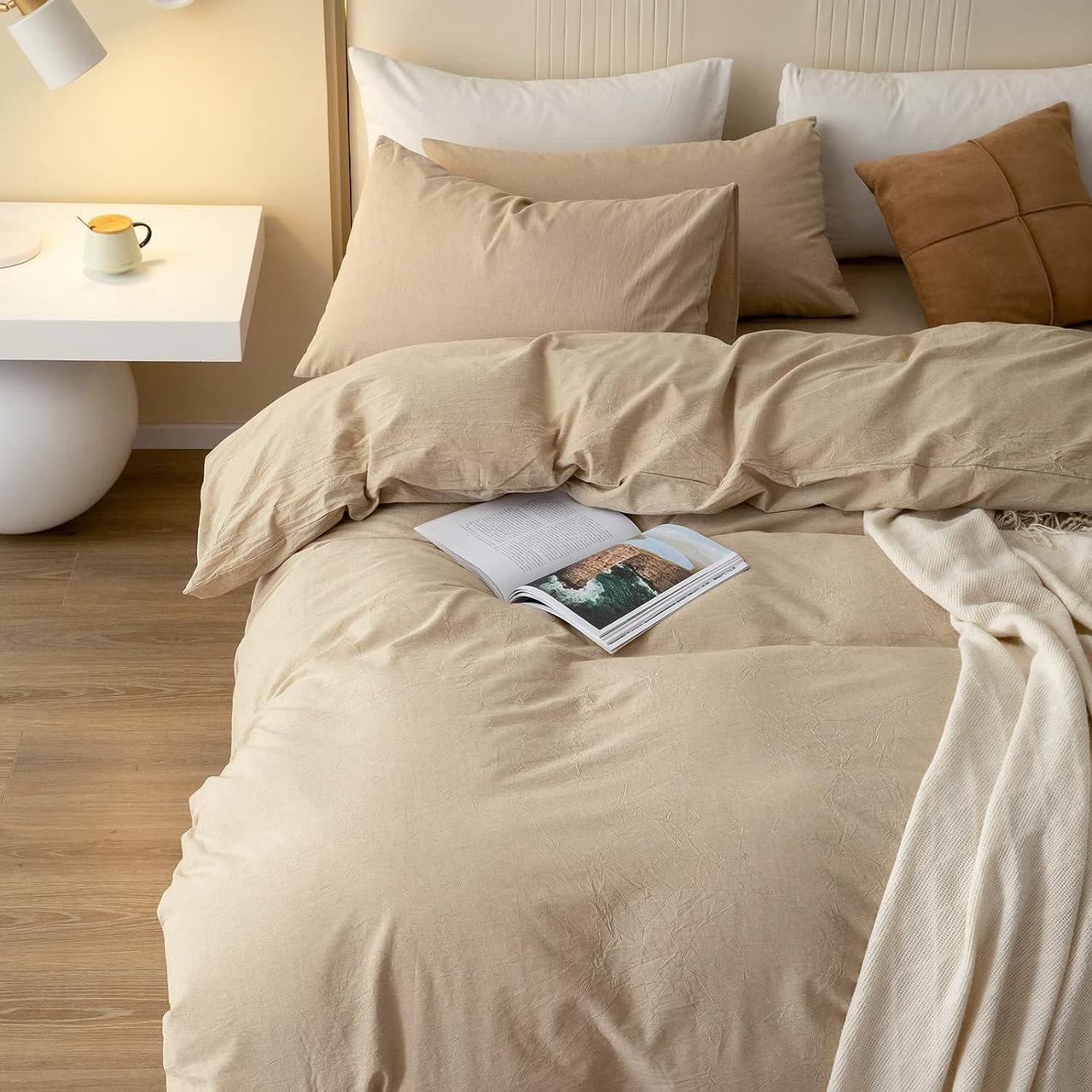 Alt view image 7 of 7 - 100% Washed Cotton Duvet Cover Set Comfy Simple Style Soft Breathable Textured Durable Linen Feel Bedding for All Seasons King Tan
