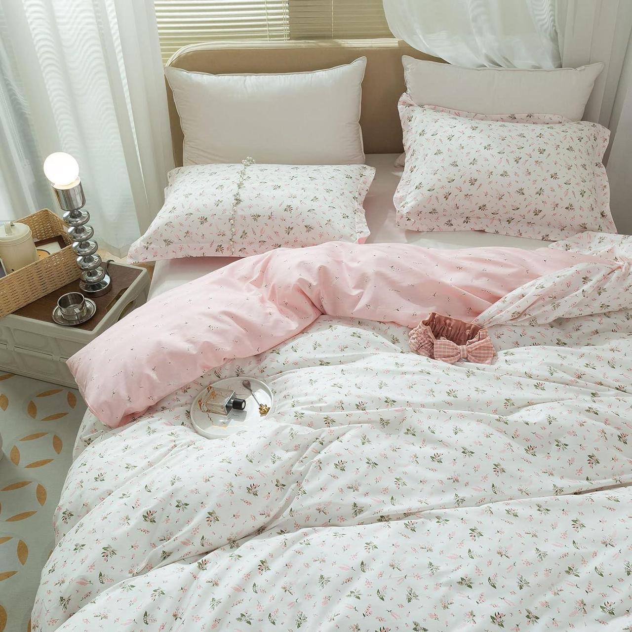 Alt view image 2 of 7 - Cotton Floral Duvet Cover Queen Girl Pink Flower Bedding Sets Garden Style Cotton Floral Comforter Cover Pink White Floral Bedding Sets Flower Branches Pattern Duvet Cover with Zipper Closure