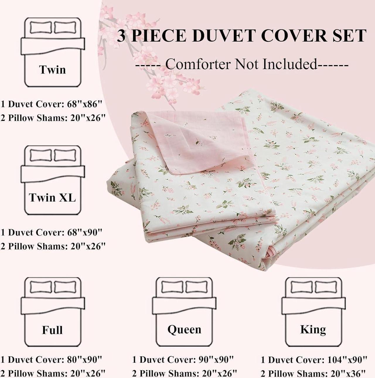 Alt view image 4 of 7 - Cotton Floral Duvet Cover Queen Girl Pink Flower Bedding Sets Garden Style Cotton Floral Comforter Cover Pink White Floral Bedding Sets Flower Branches Pattern Duvet Cover with Zipper Closure