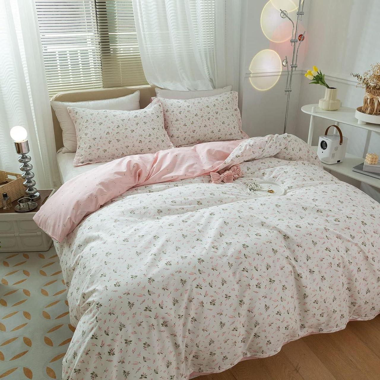 Alt view image 5 of 7 - Cotton Floral Duvet Cover Queen Girl Pink Flower Bedding Sets Garden Style Cotton Floral Comforter Cover Pink White Floral Bedding Sets Flower Branches Pattern Duvet Cover with Zipper Closure