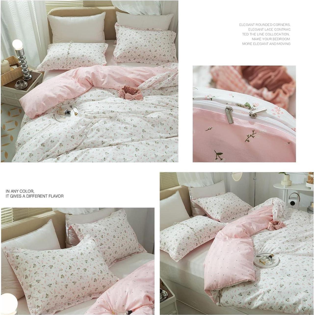 Alt view image 6 of 7 - Cotton Floral Duvet Cover Queen Girl Pink Flower Bedding Sets Garden Style Cotton Floral Comforter Cover Pink White Floral Bedding Sets Flower Branches Pattern Duvet Cover with Zipper Closure