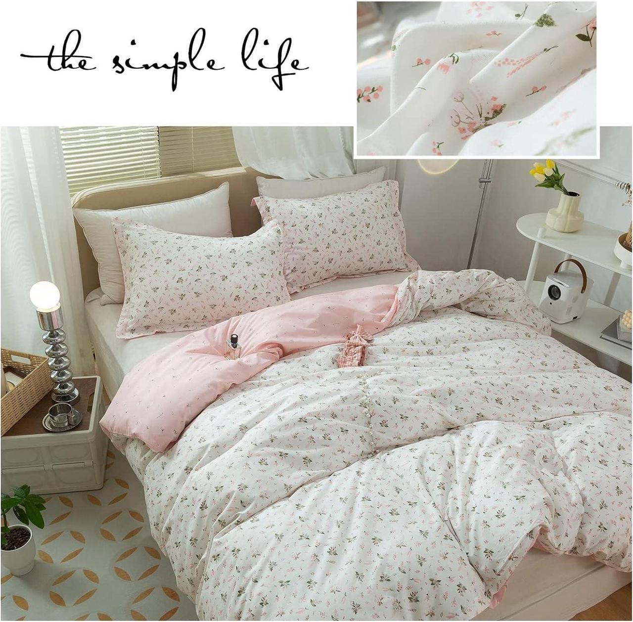 Alt view image 7 of 7 - Cotton Floral Duvet Cover Queen Girl Pink Flower Bedding Sets Garden Style Cotton Floral Comforter Cover Pink White Floral Bedding Sets Flower Branches Pattern Duvet Cover with Zipper Closure